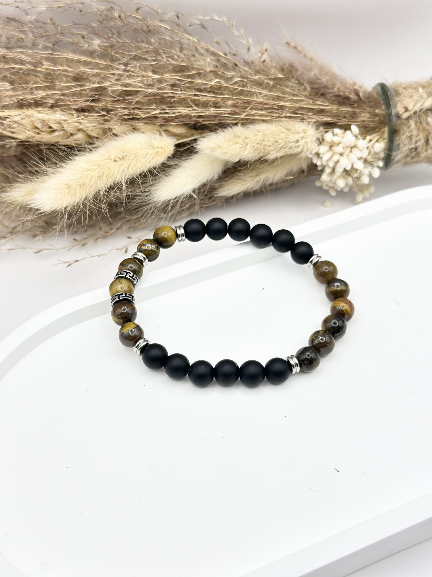Grossista Ceramik - Bracciale elastico in pietra naturale onice Matt jasper nero e grigio