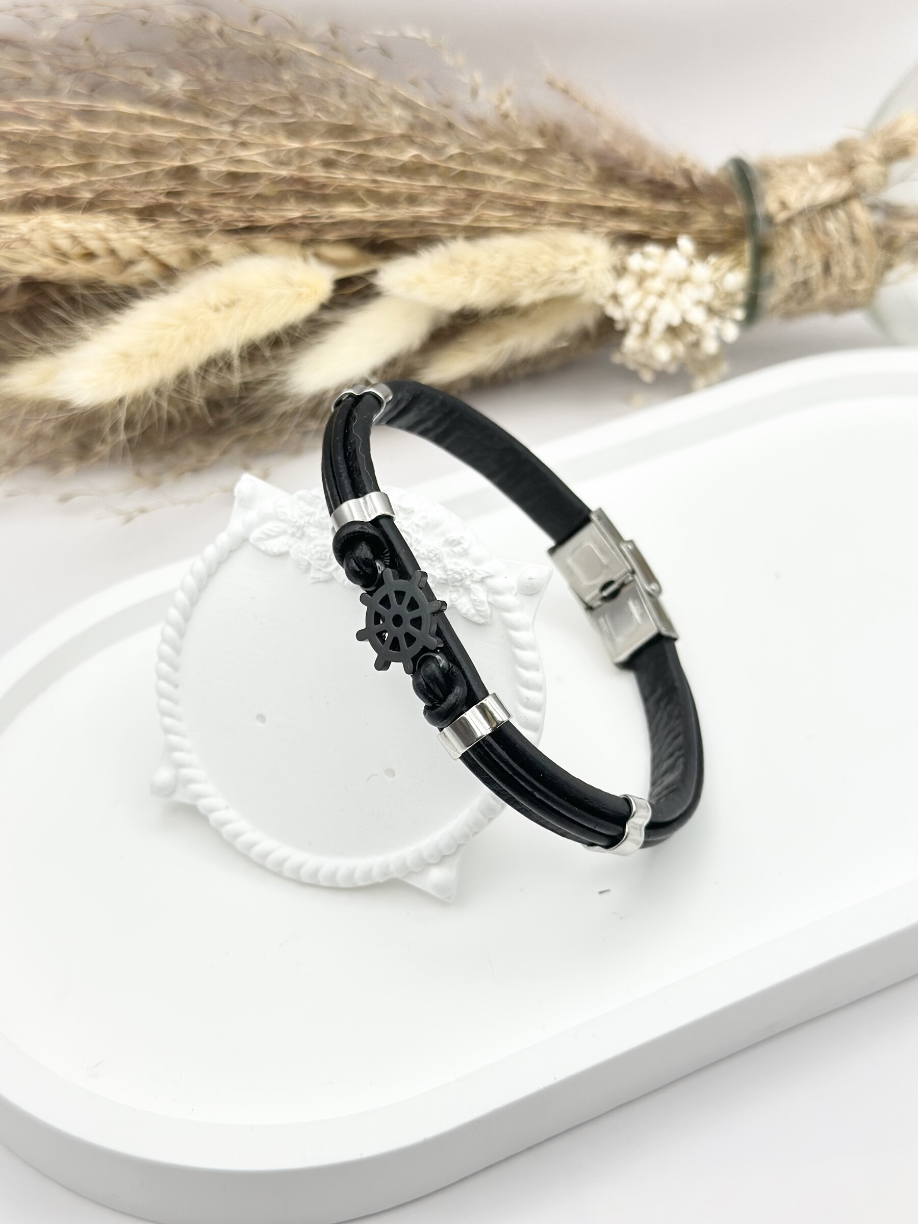 Grossista Ceramik - Bracciale da uomo in pelle con blu scuro in acciaio inossidabile