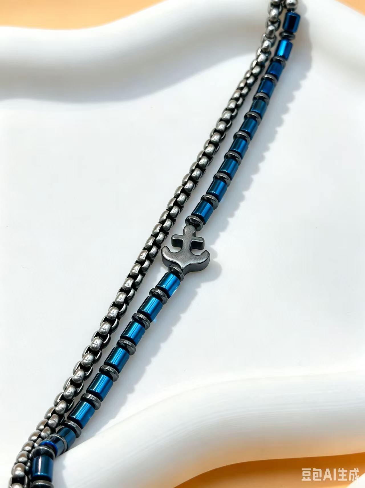 Grossiste Ceramik - Bracelet Femme Double Rang – Perles Tubulaires Bleues & Pendentif Ancre