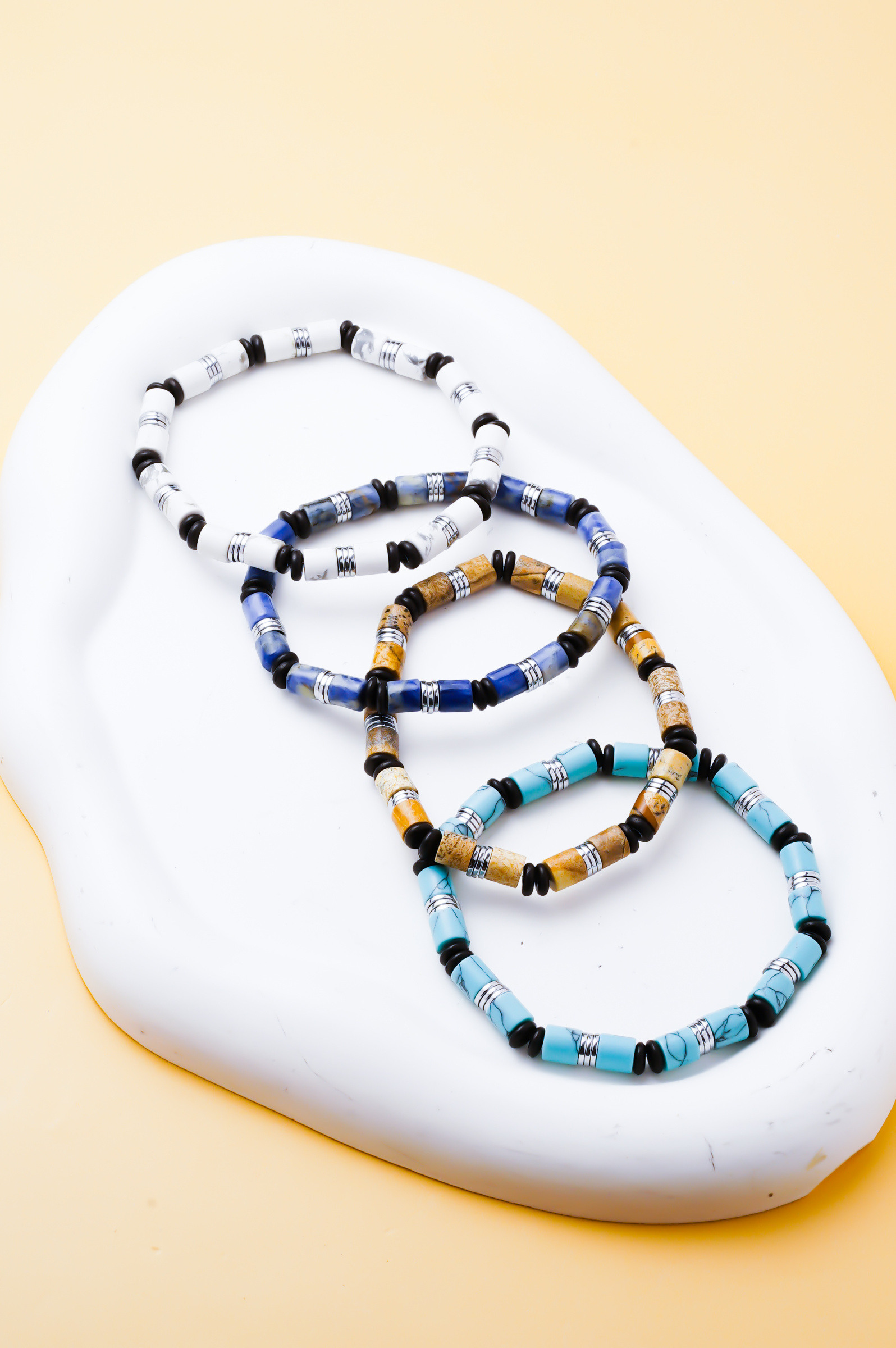 Grossista Ceramik - Bracciale Uomo in Pietre Naturali, Turchese, Sodalite Blu, Howlite Bianca o Diaspro Paesaggio, Elastico 20 cm