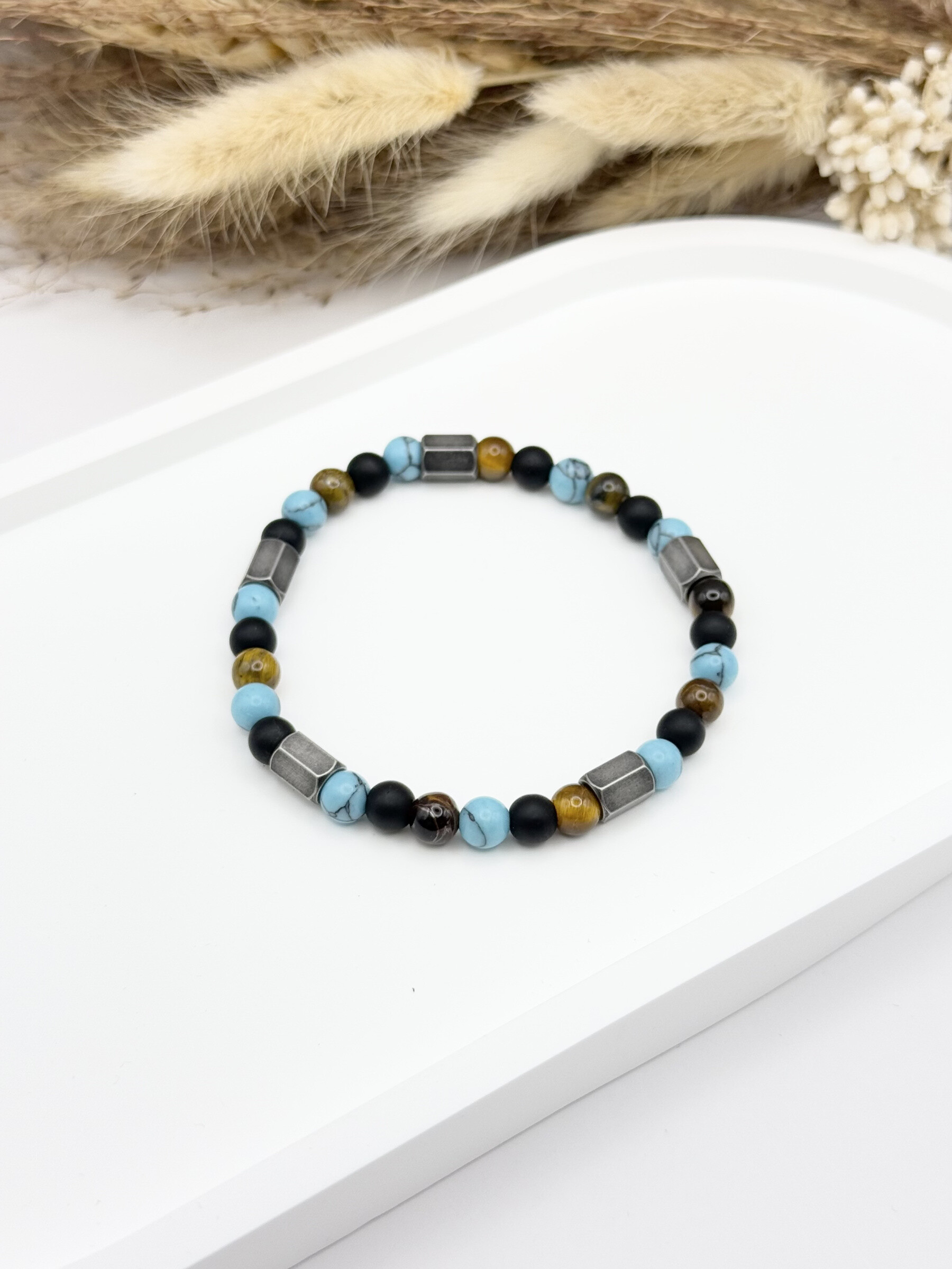 Wholesaler Ceramik - Bracelet with natural stone and skull in African turquoise stainless steel