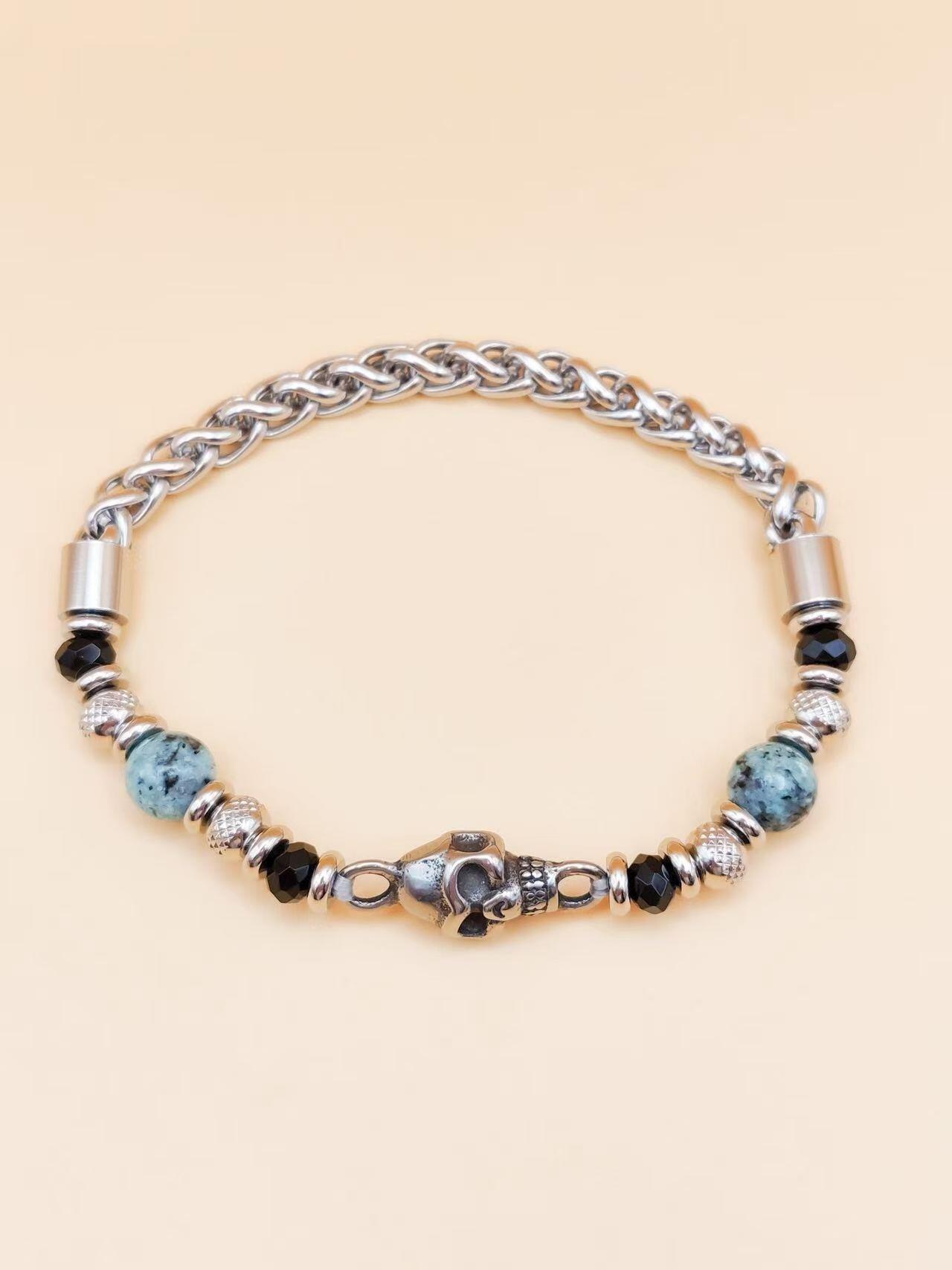 Großhändler Ceramik - Herrenarmband 20 cm – Kette & Türkisperlen mit Totenkopf aus Edelstahl