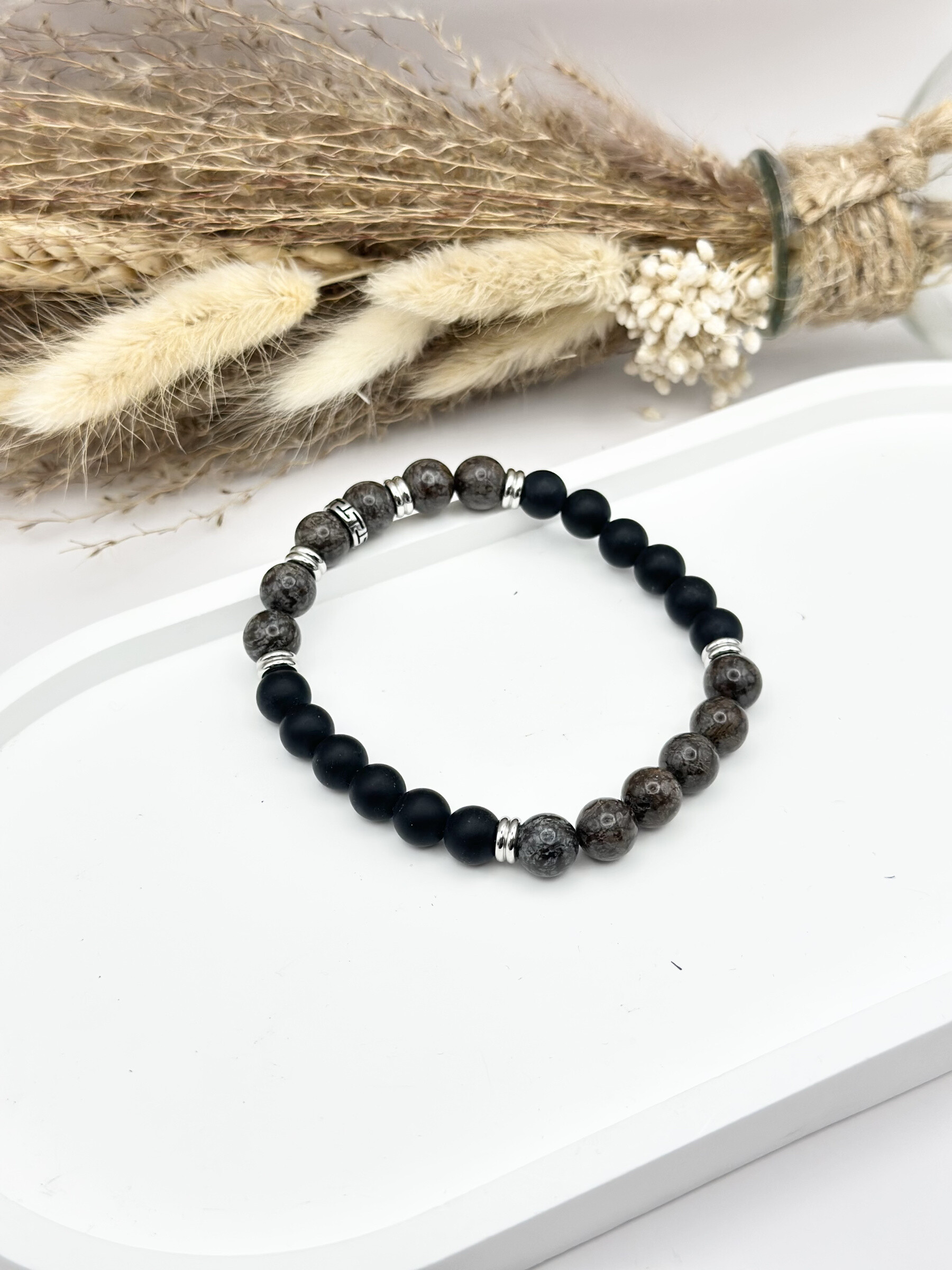 Wholesaler Ceramik - Elastic bracelet in natural stone onyx matt black and gray jasper
