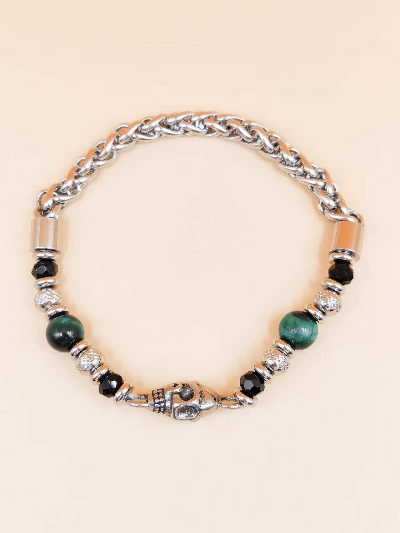 Großhändler Ceramik - Herrenarmband 20 cm – Kette & Grüne Perlen mit Totenkopf aus Edelstahl