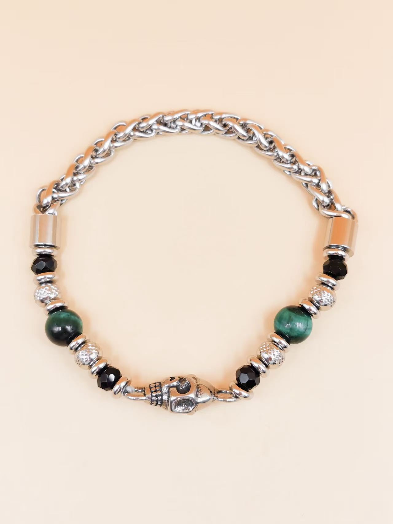 Wholesaler Ceramik - Men's Bracelet 20 cm – Chain & Green Beads with Stainless Steel Skull Wholesaler Ceramik - Men's Bracelet 20 cm – Chain & Green Beads with Stainless Steel Skull