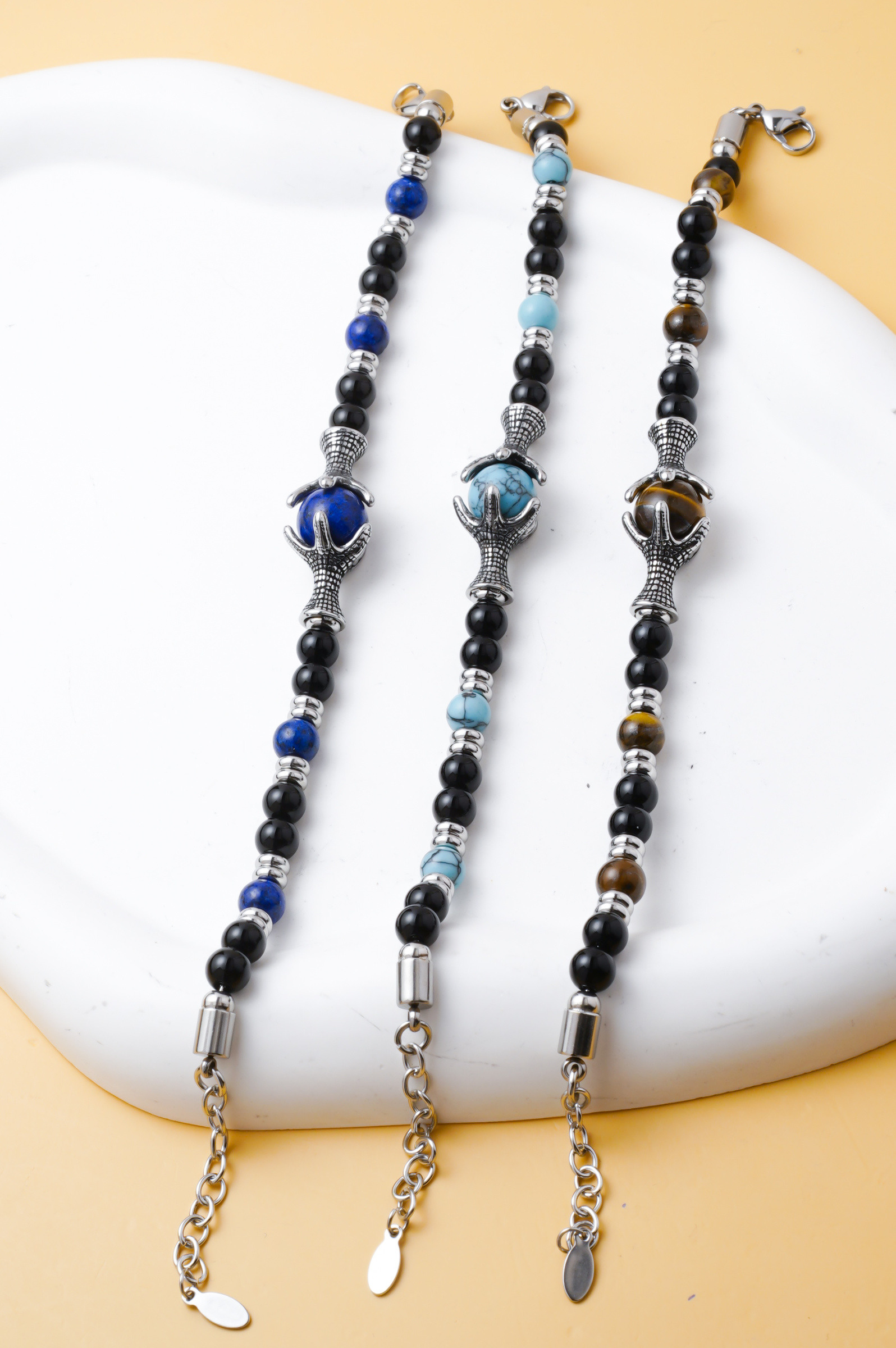 Grossista Ceramik - Bracciale Uomo con Perle e Pietra Centrale – Acciaio Inossidabile – 18 + 3,5 cm