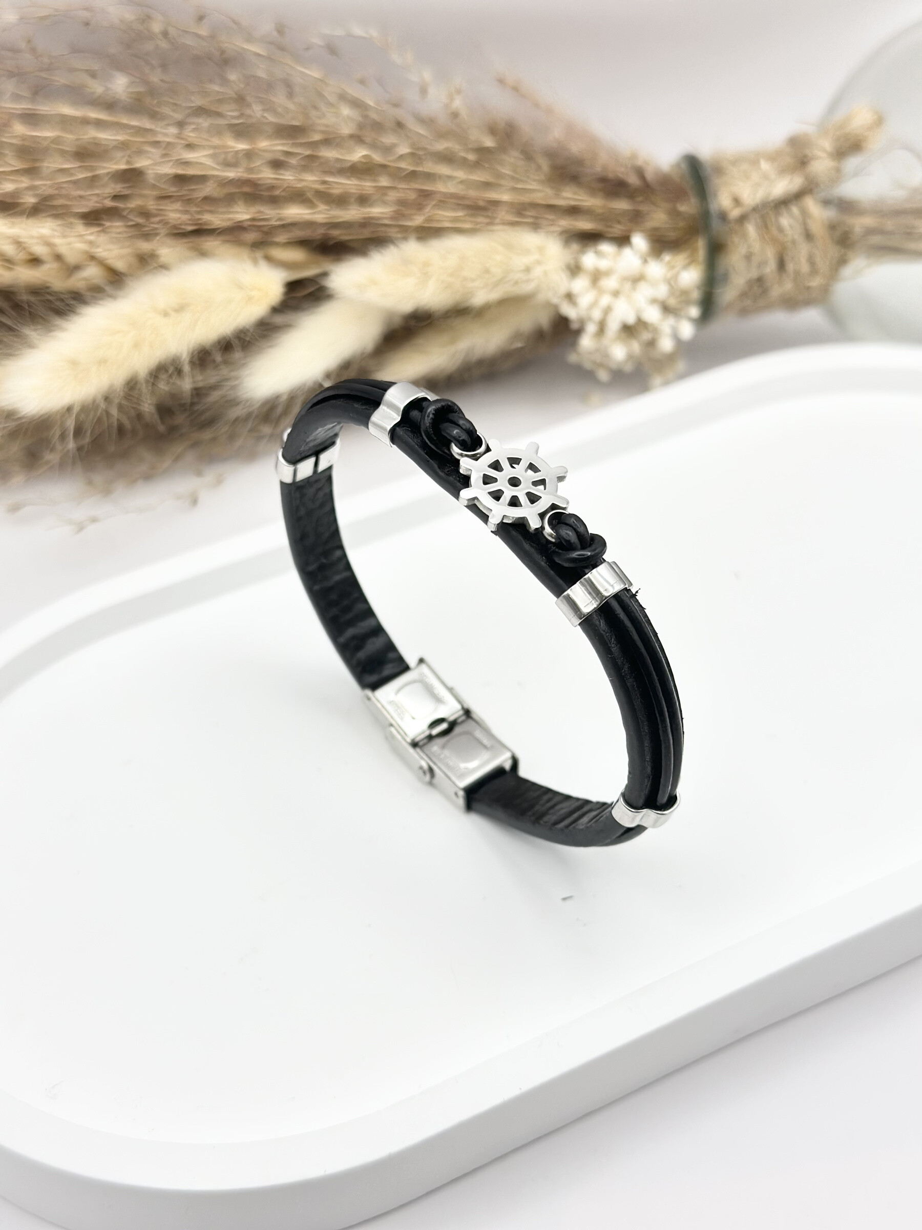 Grossista Ceramik - Bracciale da uomo in pelle con blu scuro in acciaio inossidabile