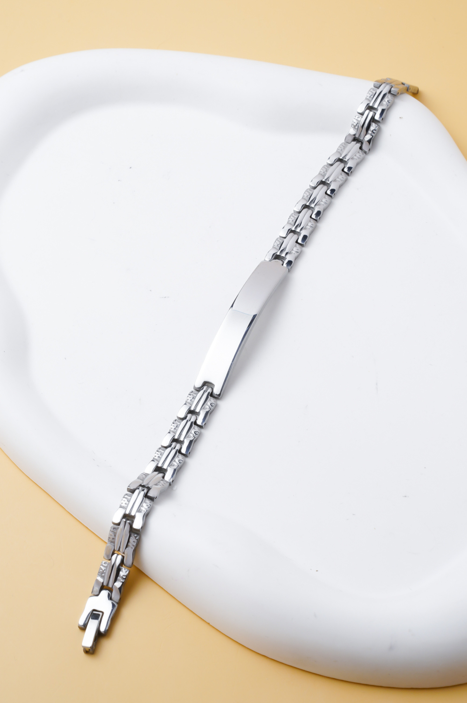 Mayorista Ceramik - Pulsera de hombre de acero inoxidable plateado – Eslabón ancho moderno con placa central lisa, estilo elegante 20CM