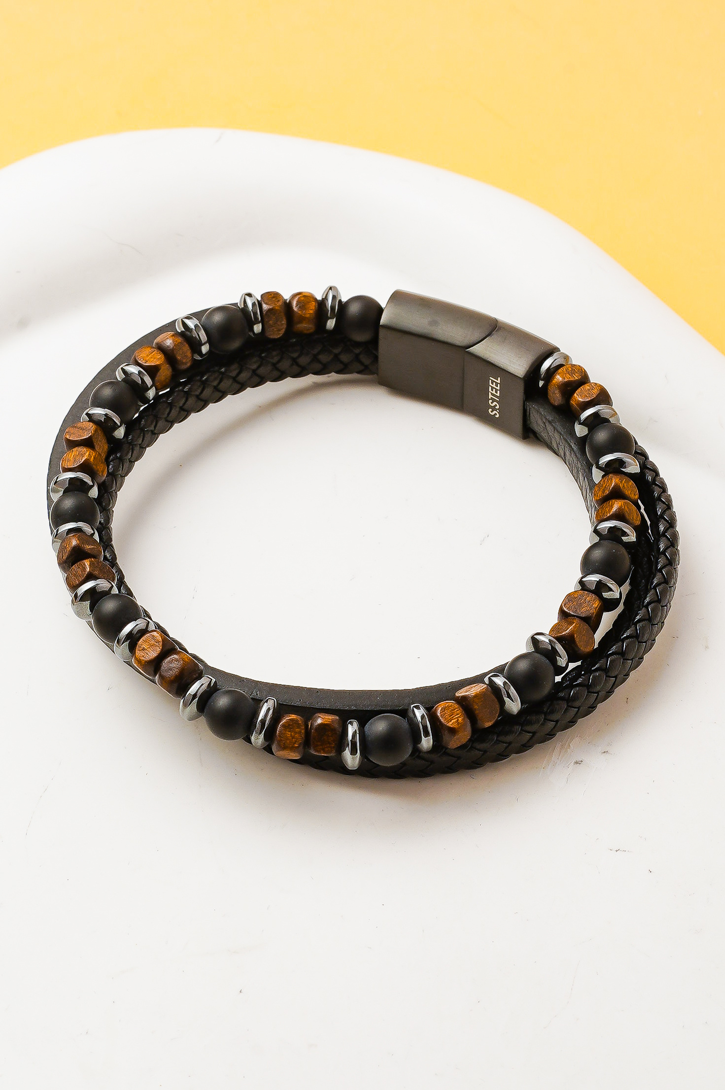 Grossista Ceramik - Bracciale Multistrato da Uomo in PU e Perle, Colore a Scelta, 20 cm