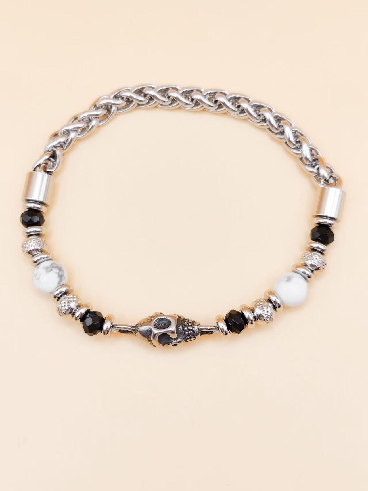 Großhändler Ceramik - Herrenarmband 20 cm – Kette & Perlen mit Totenkopf aus Edelstahl