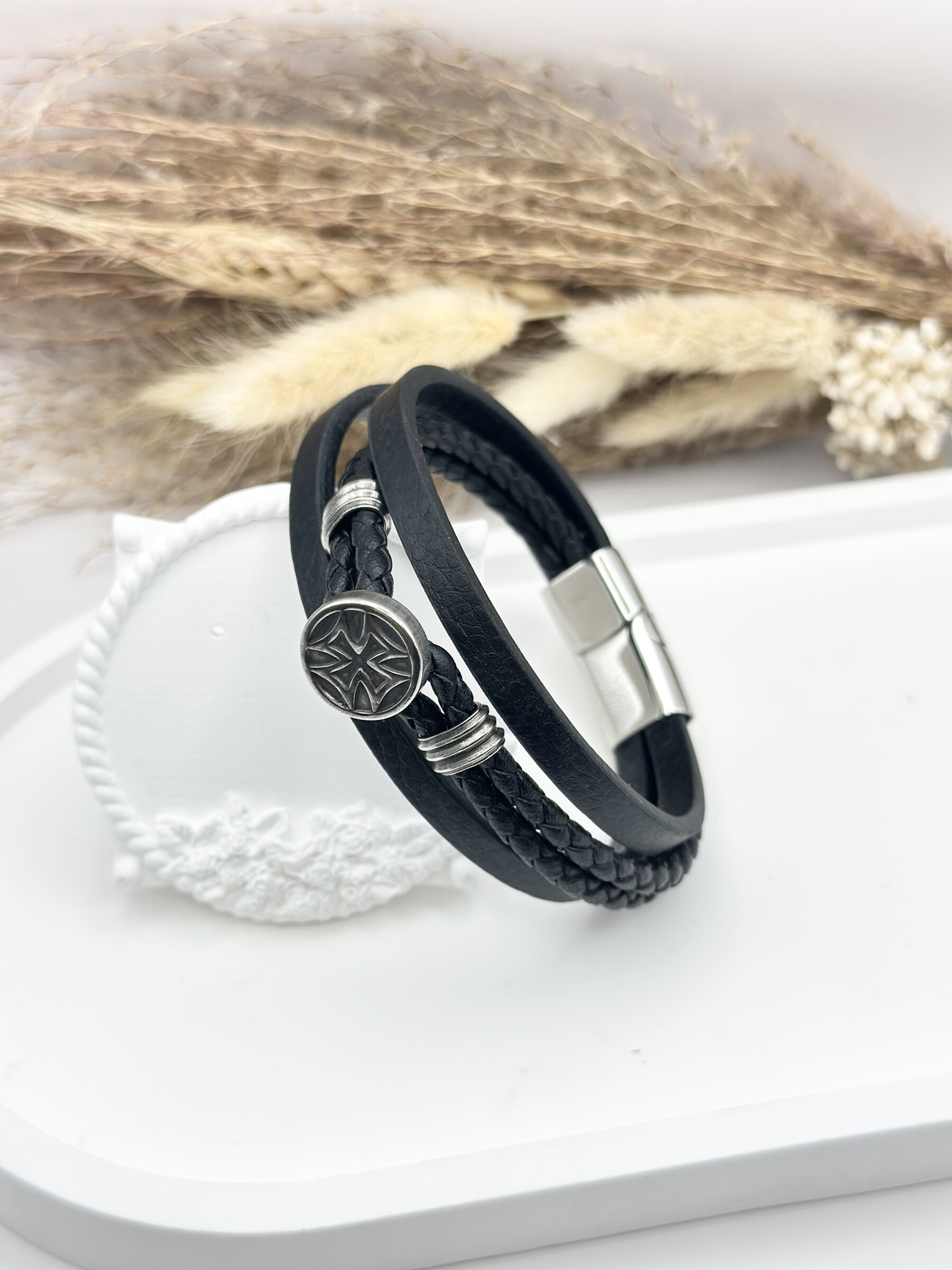 Grossista Ceramik - Bracciale in pelle e acciaio multi -ère - Malta Cross Motivi