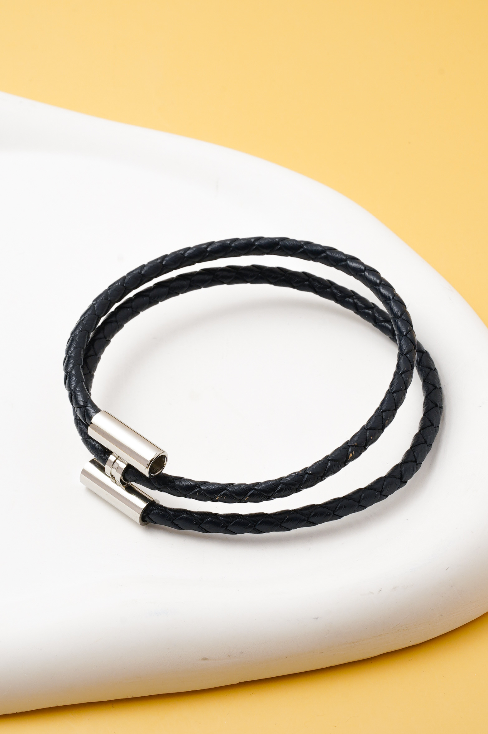 Wholesaler Ceramik - Men's black braided leather bracelet – Double wrap & stainless steel magnetic clasp