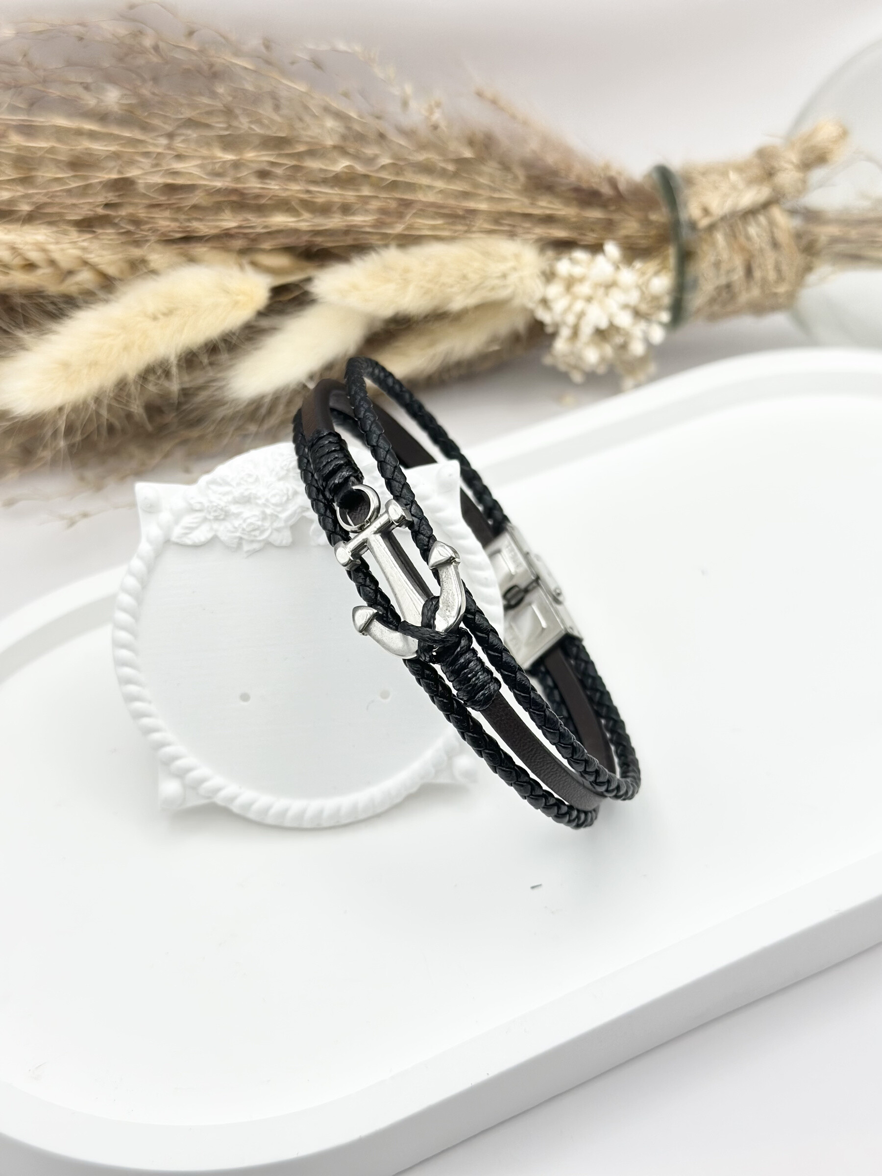Grossista Ceramik - Bracciale da uomo in pelle con blu scuro in acciaio inossidabile