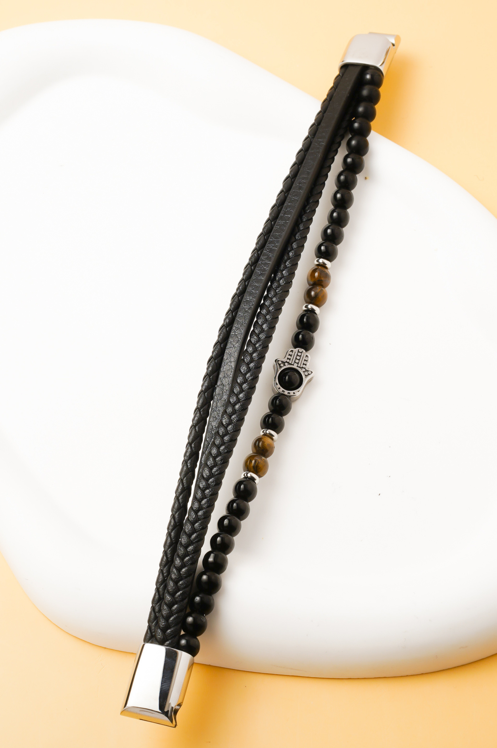 Großhändler Ceramik - Herren Lederarmband – Hand der Fatima & Natürliche Perlen, 20 cm