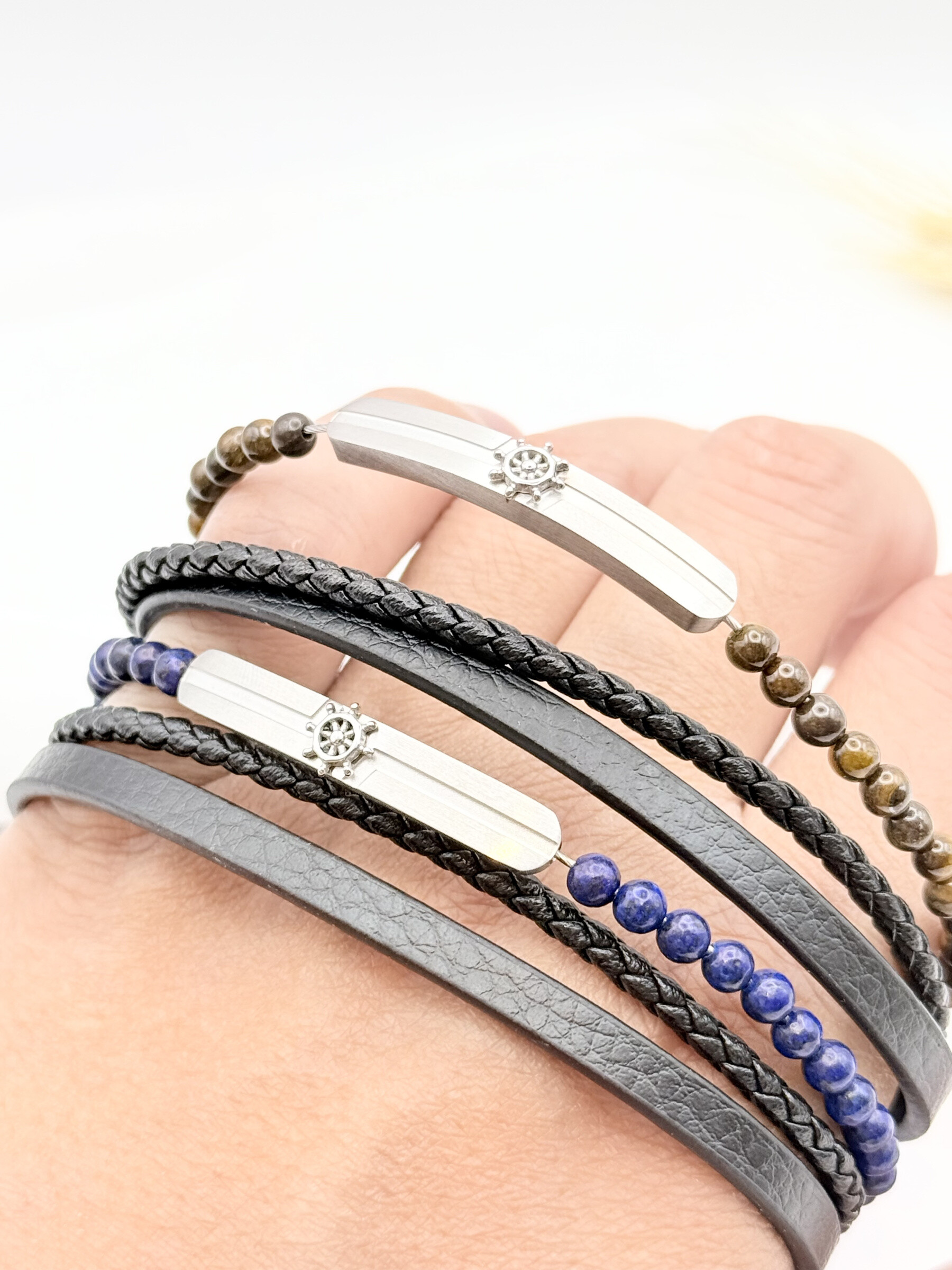 Wholesaler Ceramik - Multi-Strand Leather Bracelet, Natural Stone Stainless Steel Inlaid Rudder
