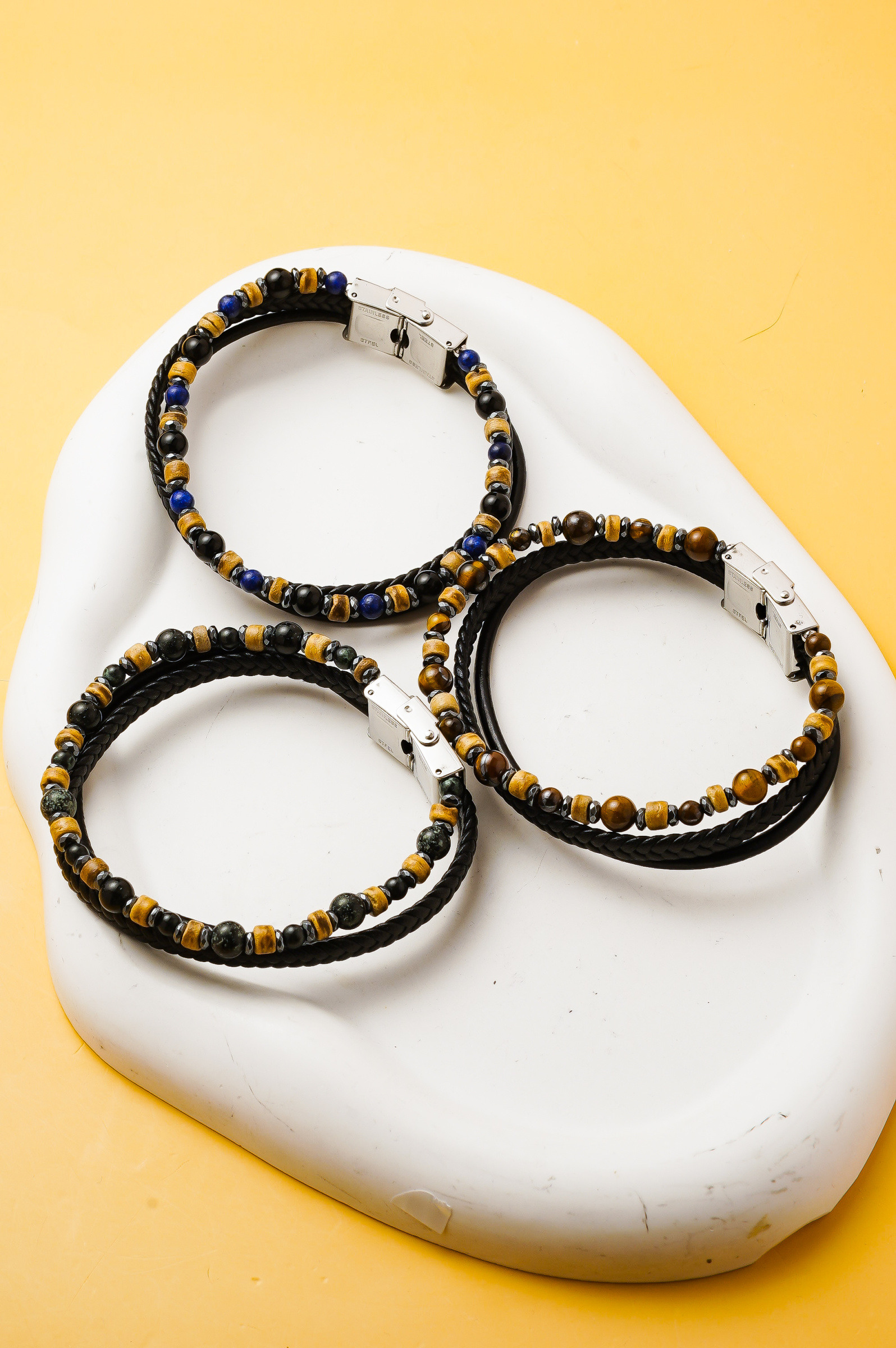 Grossista Ceramik - Bracciale Uomo Doppio Filo in Pelle PU e Pietre Naturali, 20 cm – Colori a Scelta