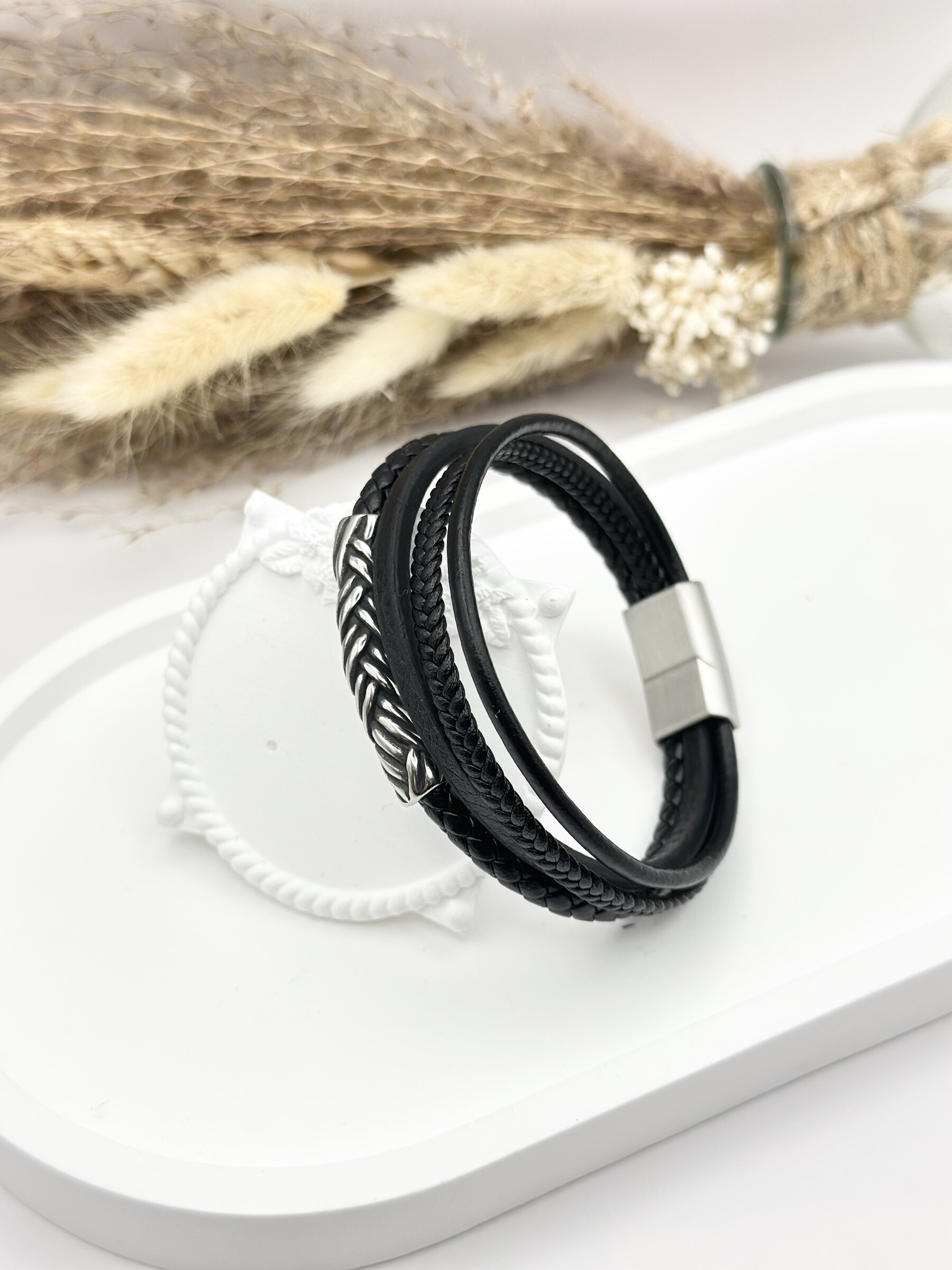 Grossista Ceramik - Bracciale in pelle e mesh gourmet in acciaio inossidabile