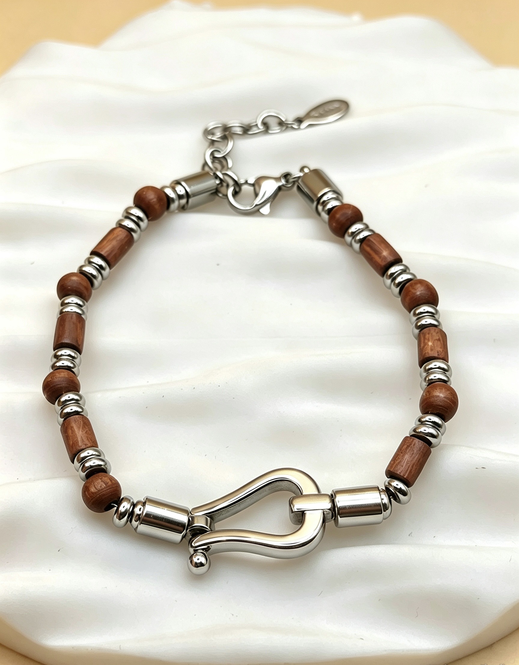 Grossiste Ceramik - Bracelet Homme Acier Inoxydable & Perles en Bois — Fermoir Manille (Taille Unique)