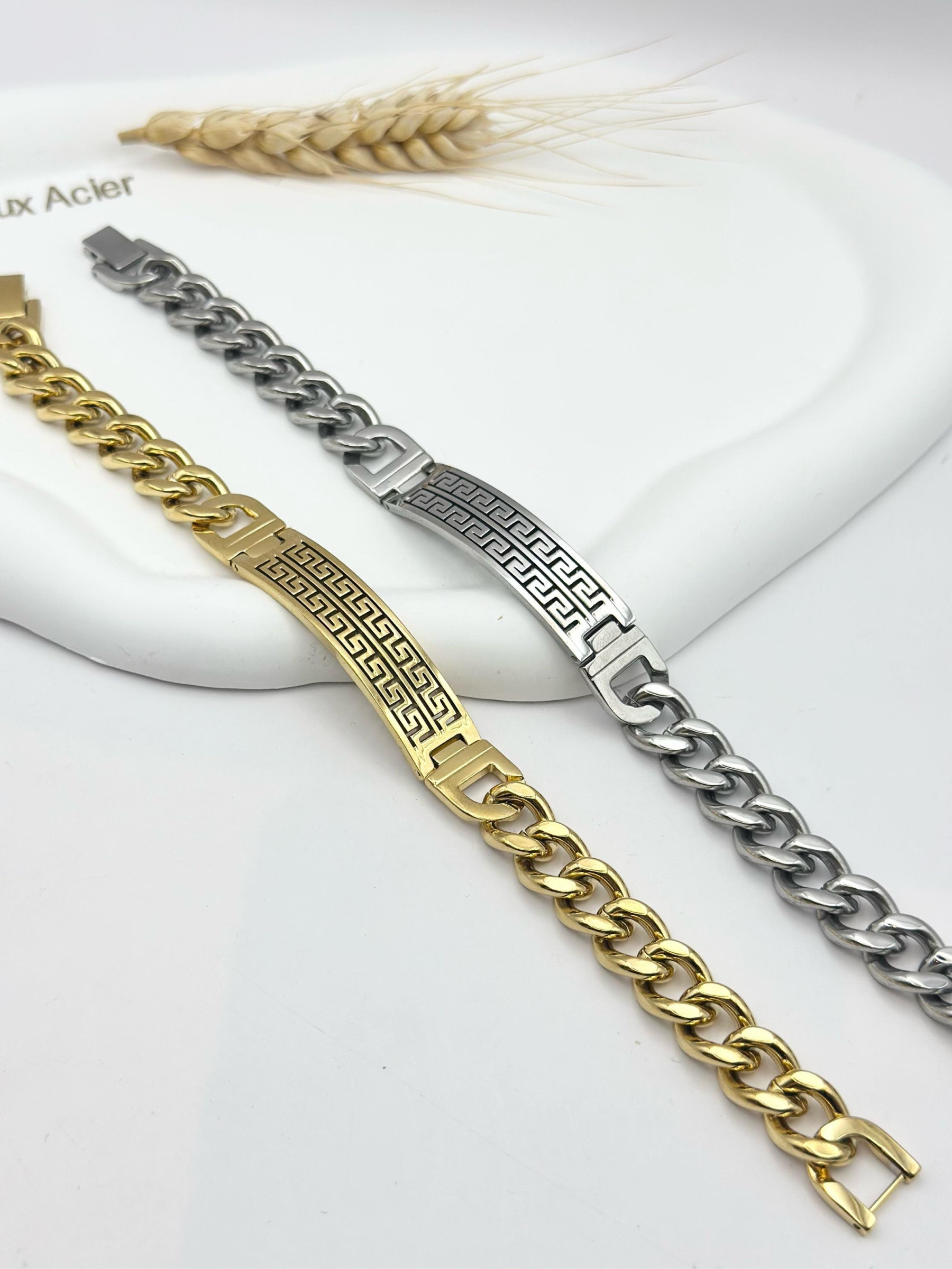Grossiste Ceramik - Bracelets Chaînes Homme Acier Or et Argent Motif Grec - Style Antique