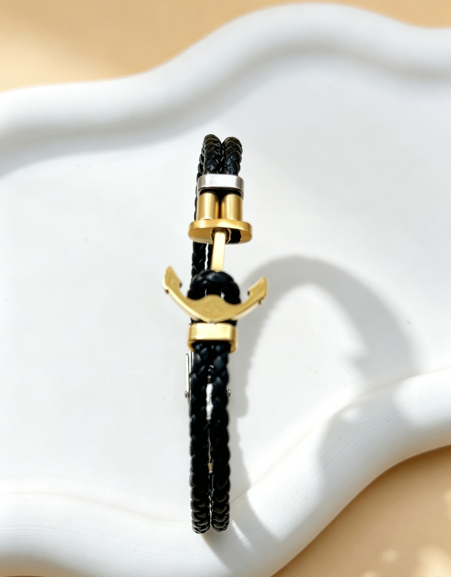 Grossiste Ceramik - Bracelet Homme  PU– Ancre Noir & Doré ⚓