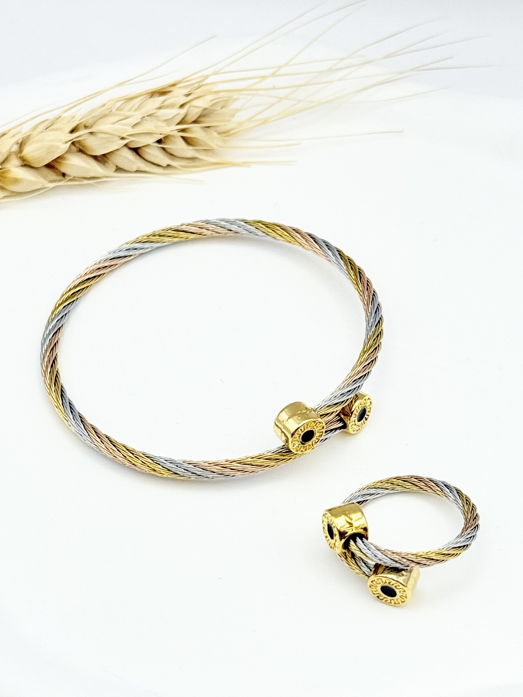 Wholesaler Ceramik - Refined set consisting of a bracelet and a ring in tricolor twisted cable