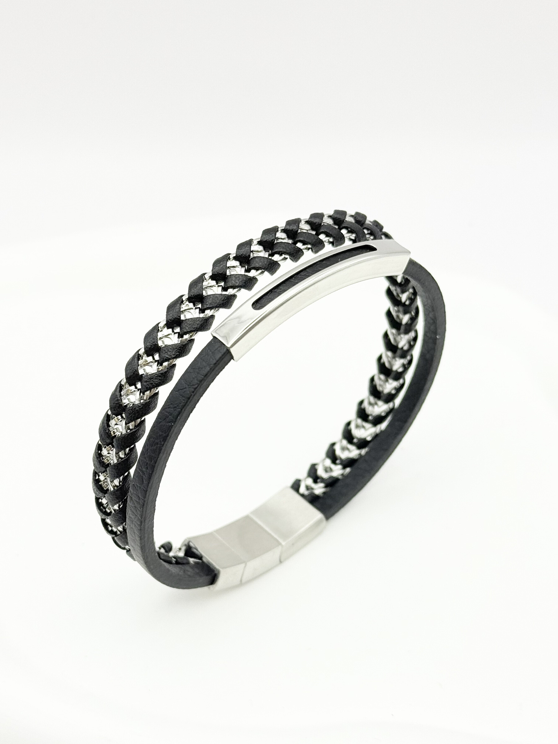 Wholesaler Ceramik - Men's Bracelet Black Leather and Stainless Steel Plate