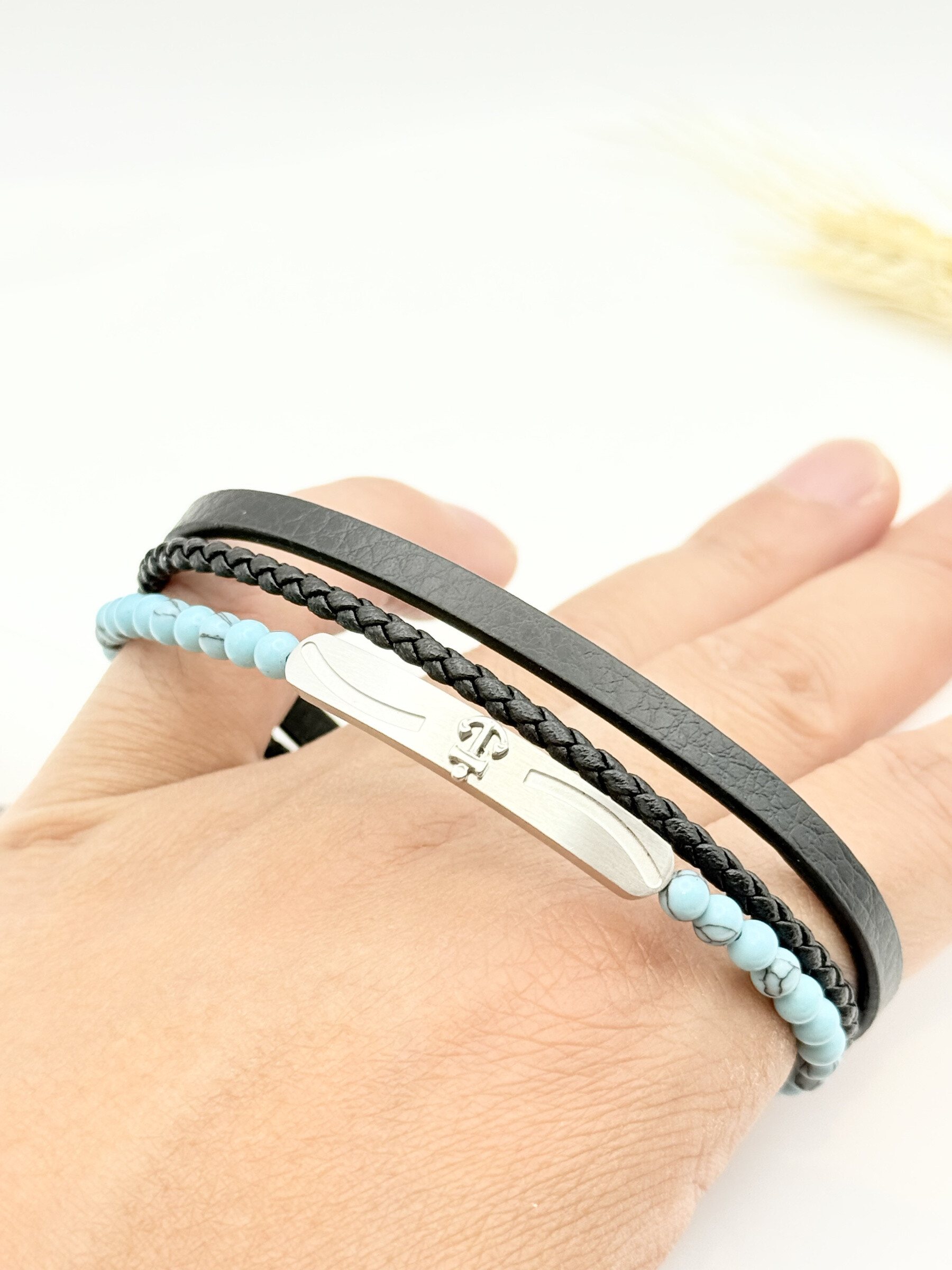 Wholesaler Ceramik - Men's Leather Bracelet, Natural Stone and Stainless Steel