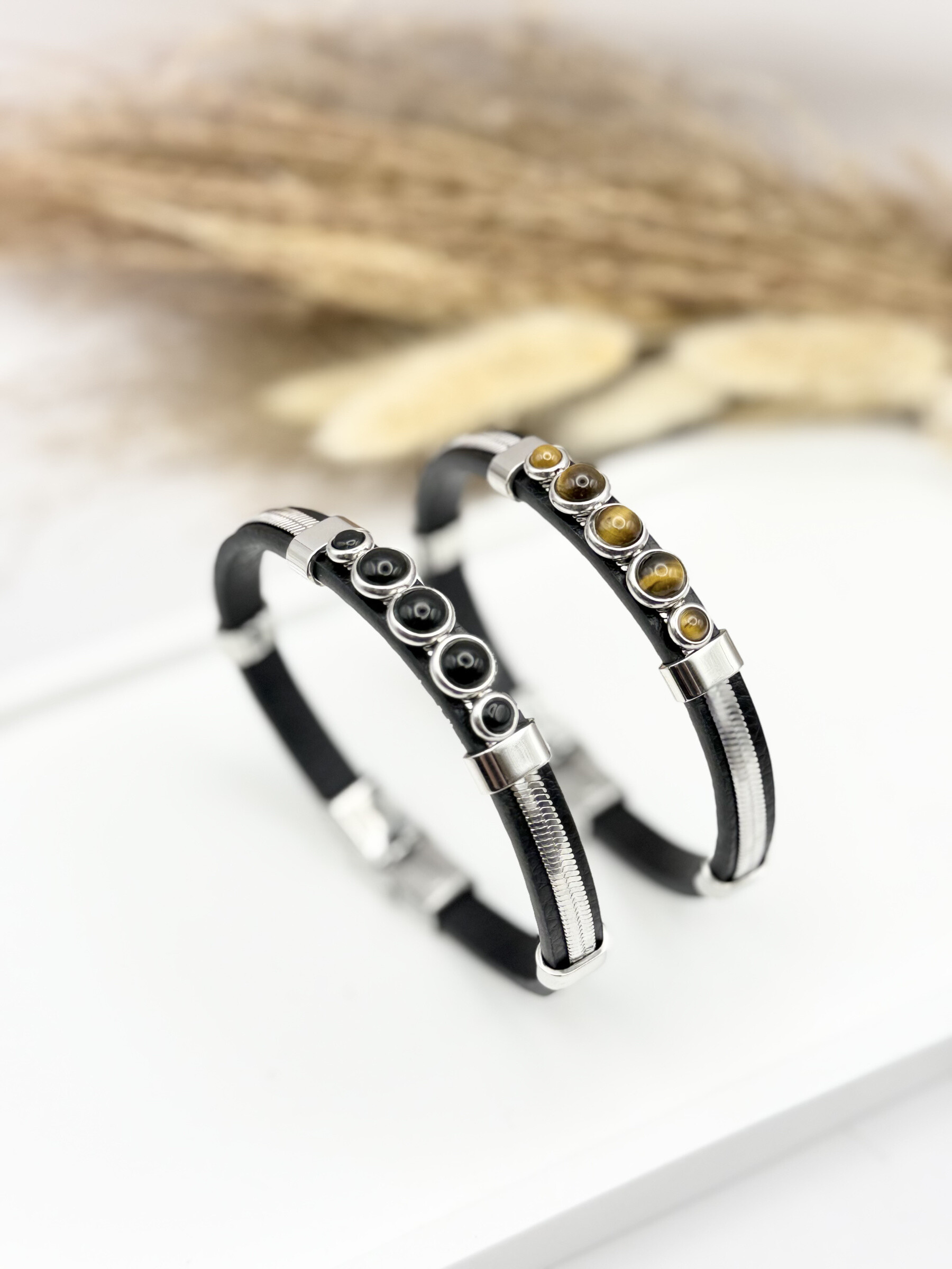 Grossista Ceramik - Bracciale in pelle con pietre naturali - Tiger Eye o Black Agato