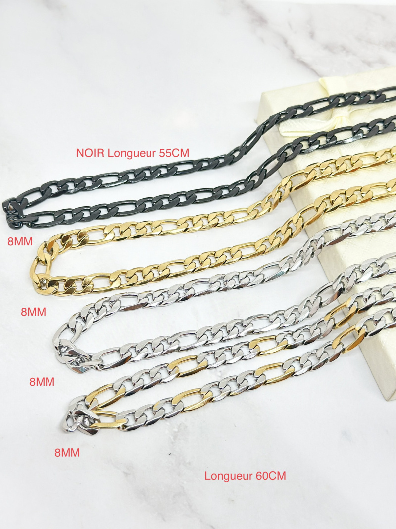 Wholesaler Ceramik - Necklace Figaro Mesh 1 + 3 Chain Stainless Steel / Gold Plated / Black Plated 8mm