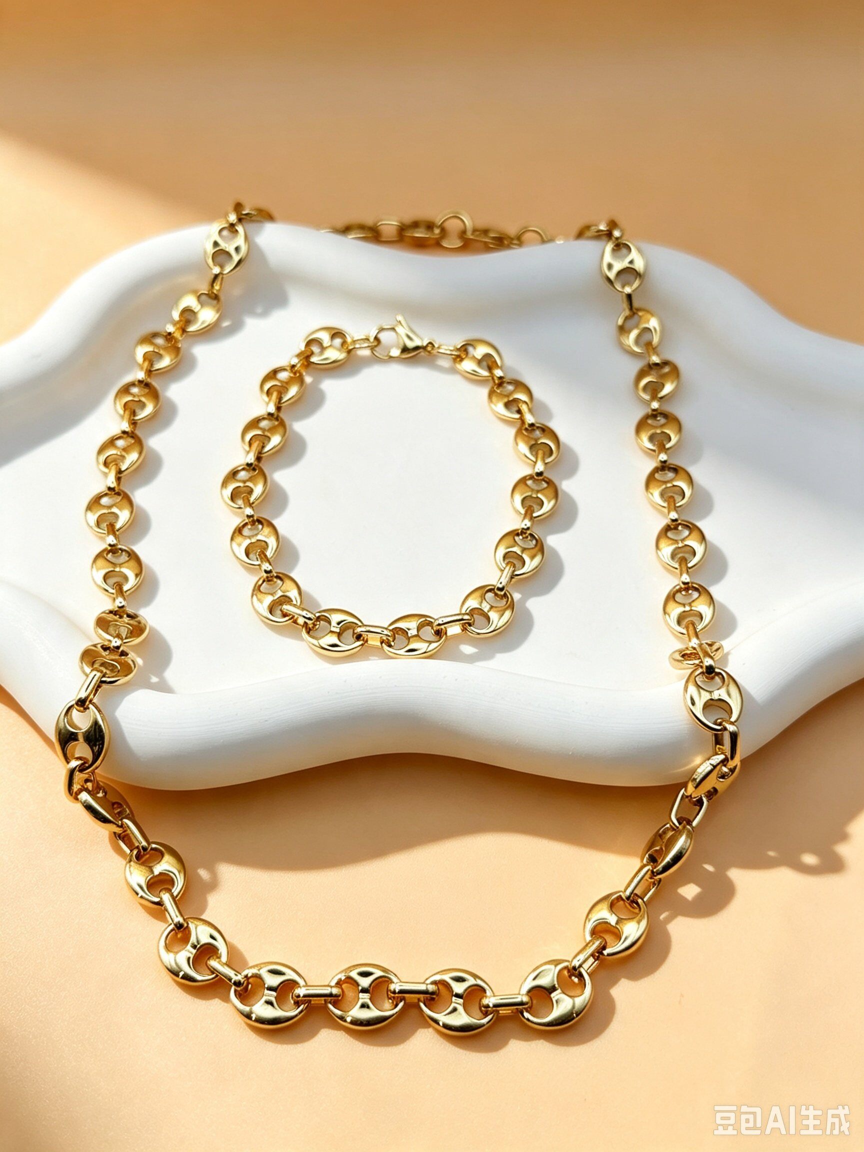 Grossista Ceramik - Set collana + bracciale a catena grano di caffè dorato in acciaio inossidabile 9mm
