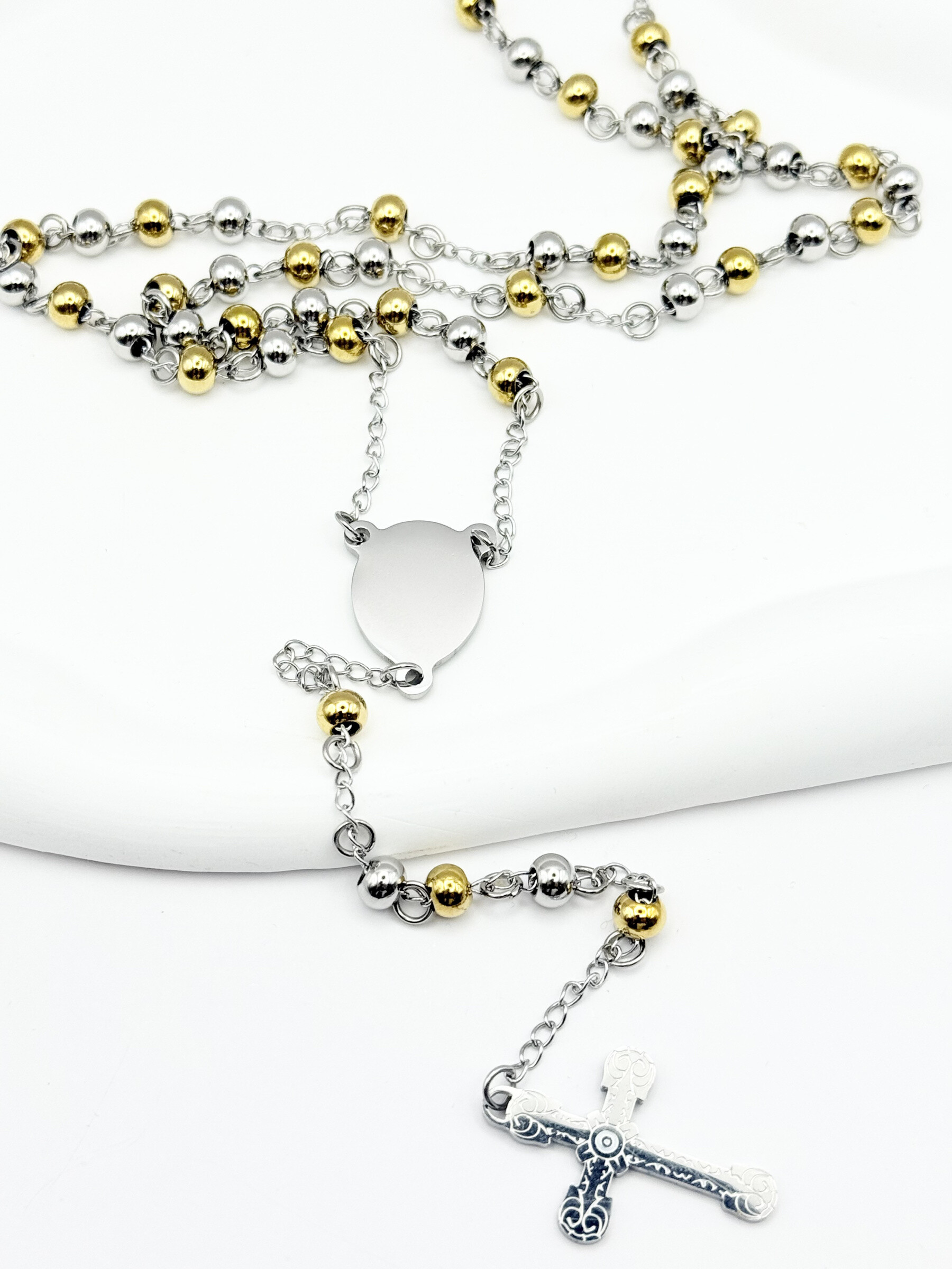 Wholesaler Ceramik - Rosary Cross Necklace Bicolor Beads 6mm Stainless Steel 70cm