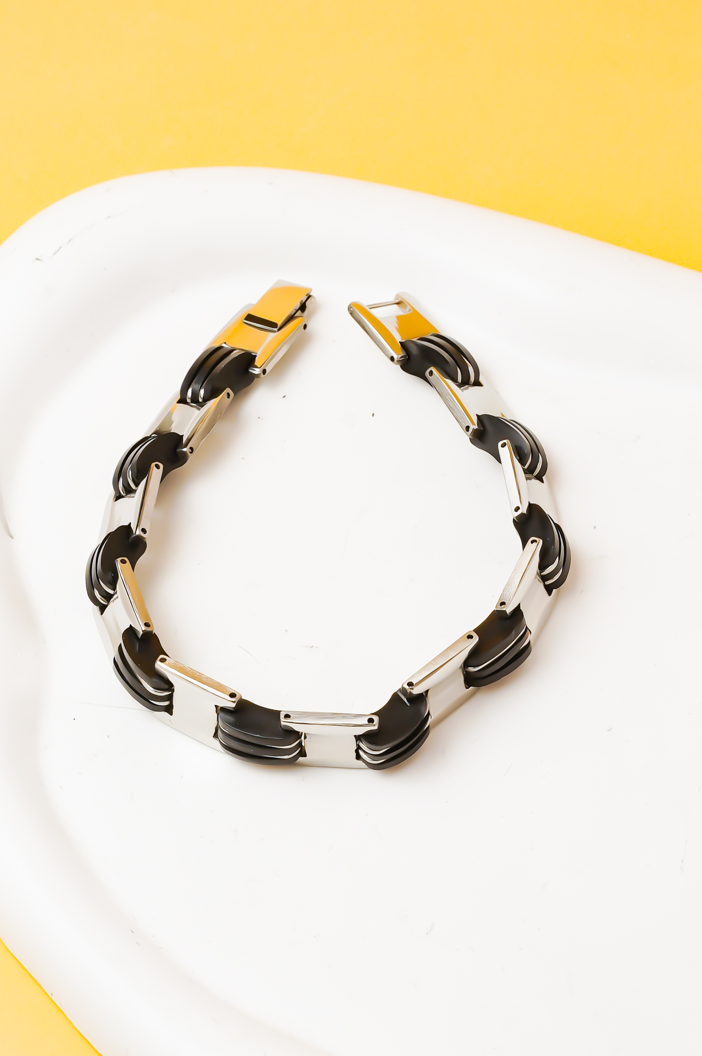 Wholesaler Ceramik - Men's Black and Silver Stainless Steel Set - 50 cm Necklace and 20 cm Bracelet - Modern Links 12 mm
