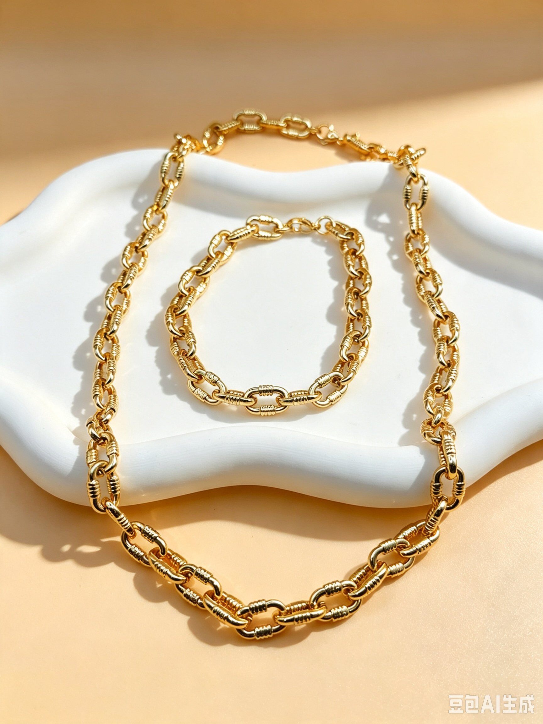 Grossista Ceramik - Set collana + bracciale con catena a maglie testurizzate in acciaio inox dorato