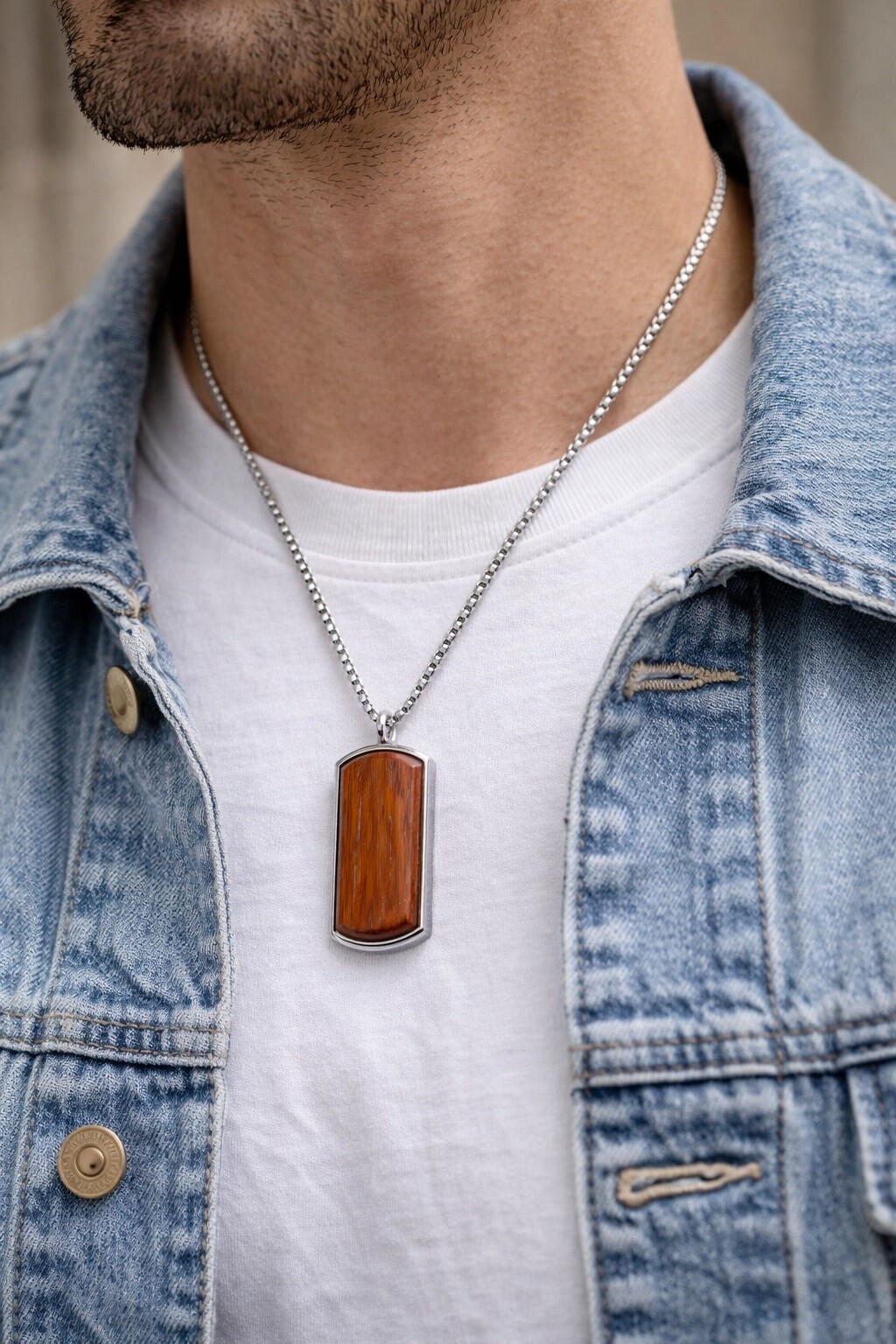 Wholesaler Ceramik - Men's necklace with wood-effect stainless steel pendant – 55 cm chain