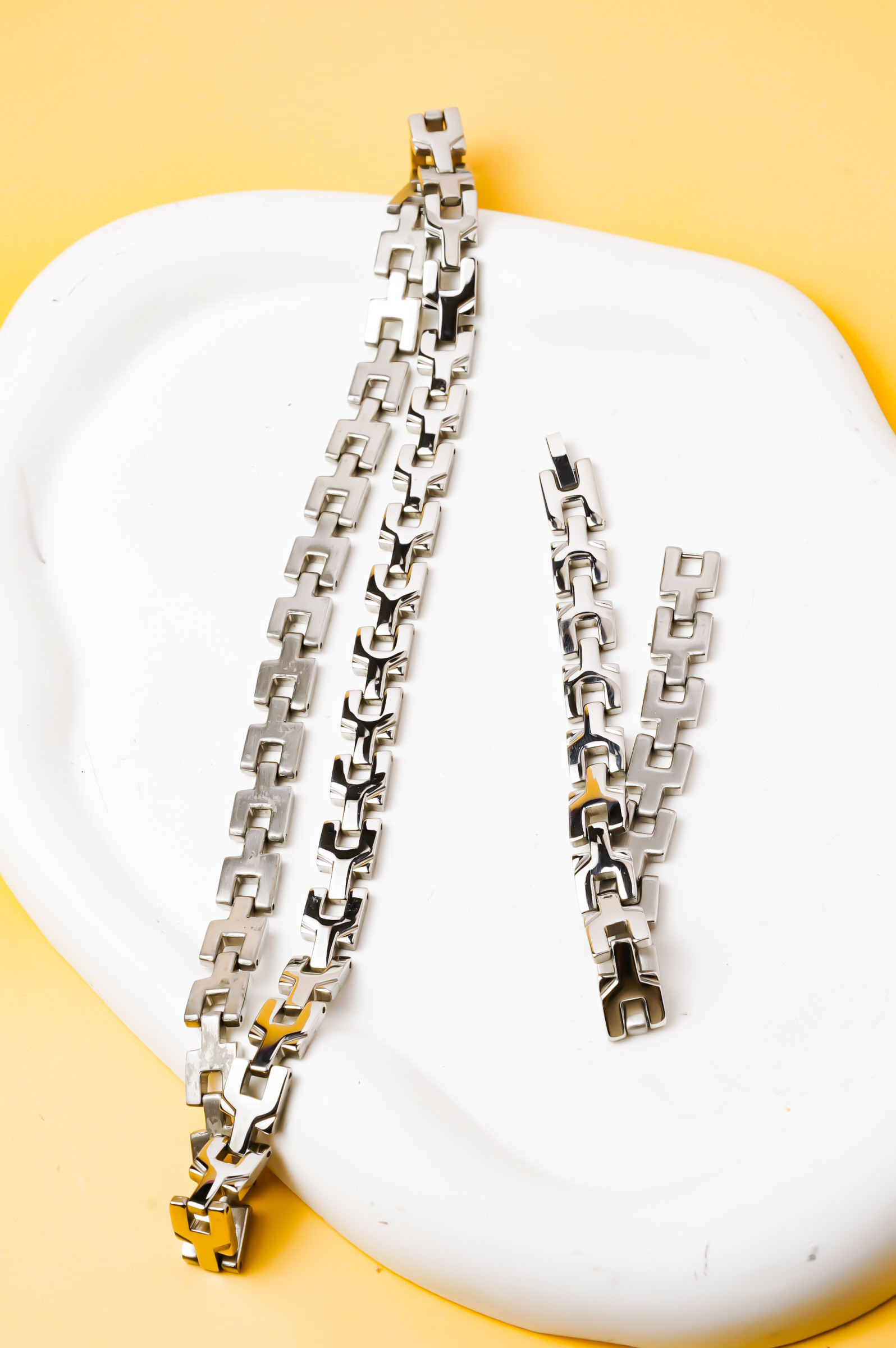 Wholesaler Ceramik - Men's Stainless Steel Set - 50 cm Necklace and 20 cm Bracelet - Silver Geometric Links