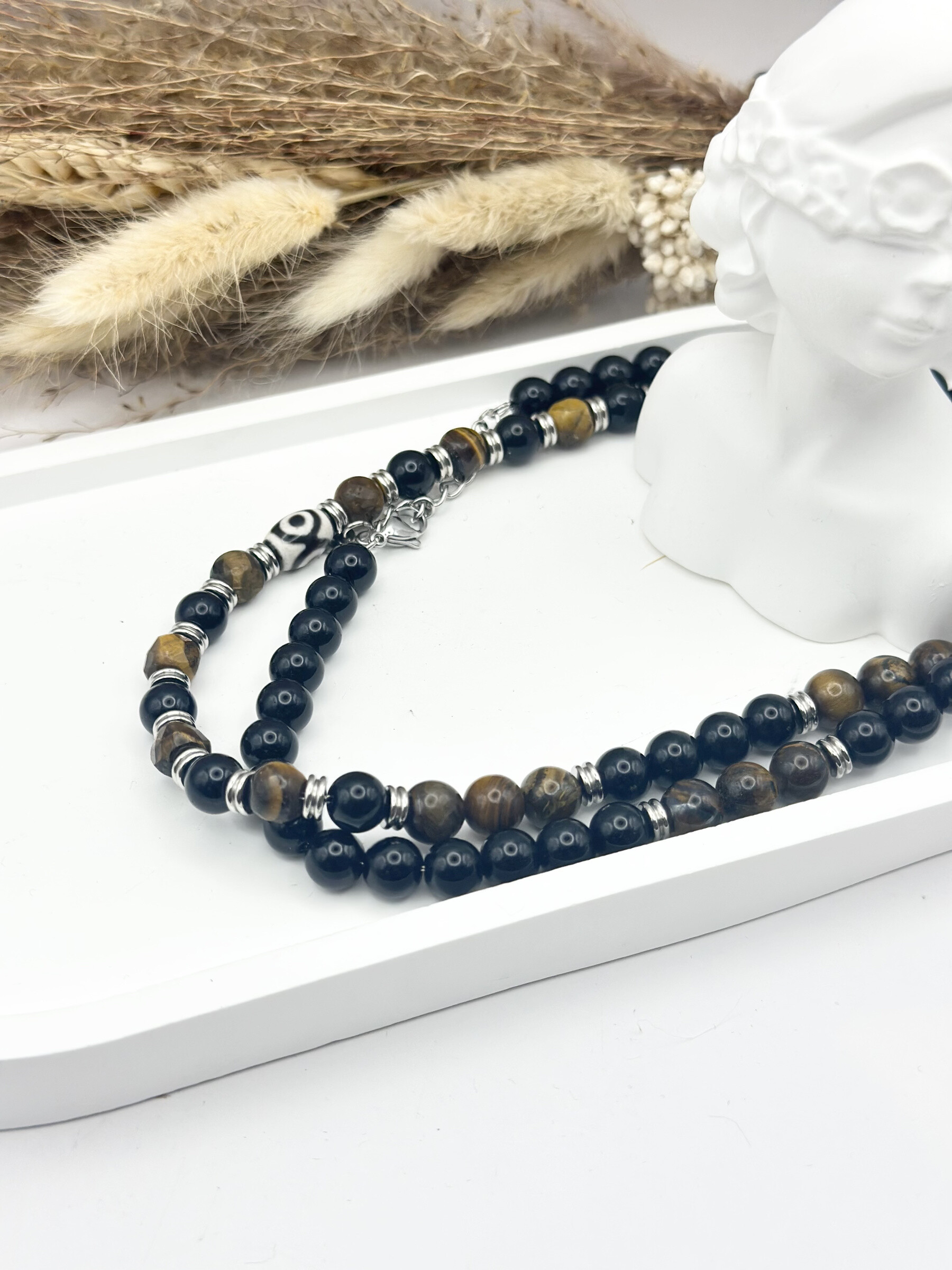 Grossiste Ceramik - Collier en Acier Inoxydable et Pierres Naturelles œil de tigre et onyx noir