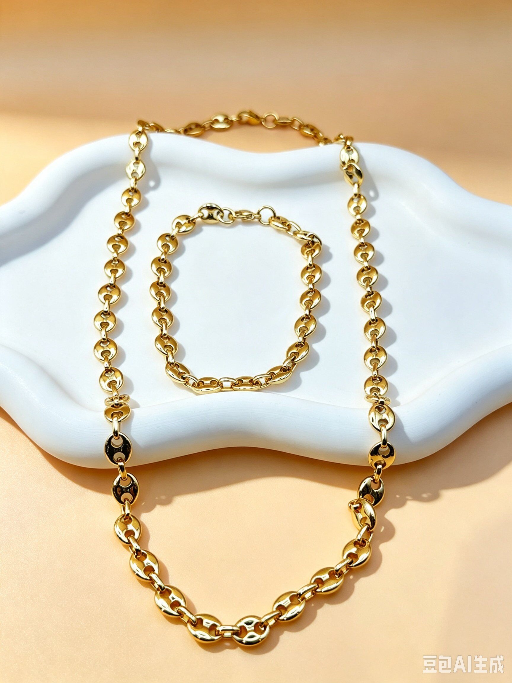 Grossista Ceramik - Set collana + bracciale con catena a chicco di caffè in acciaio inossidabile dorato 7 mm