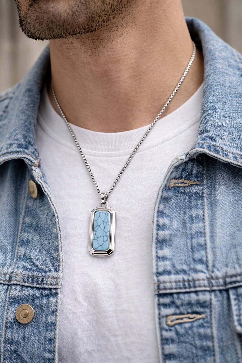 Wholesaler Ceramik - Men's necklace with turquoise plate pendant in stainless steel – 55 cm chain