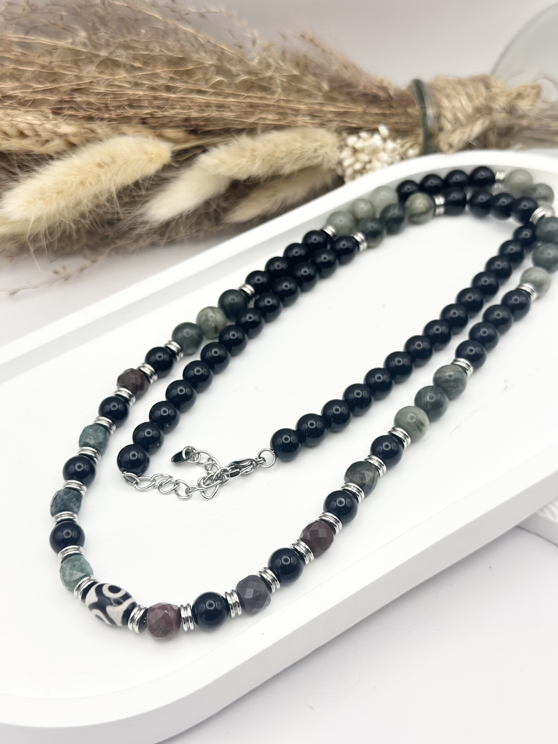 Grossiste Ceramik - Collier en Acier Inoxydable et Pierres Naturelles jaspe vert onyx noir