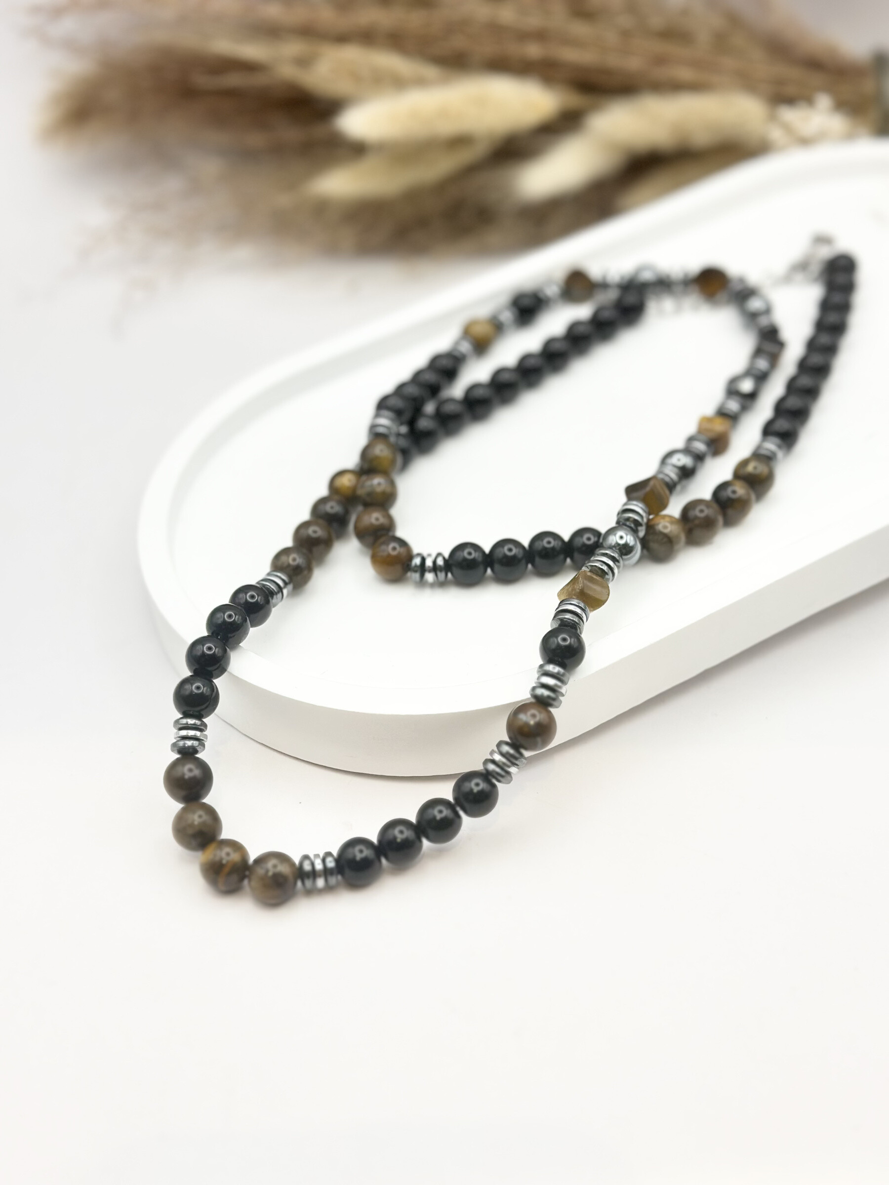 Grossiste Ceramik - Collier en Acier Inoxydable et Pierres Naturelles Hématite oeil de tigre