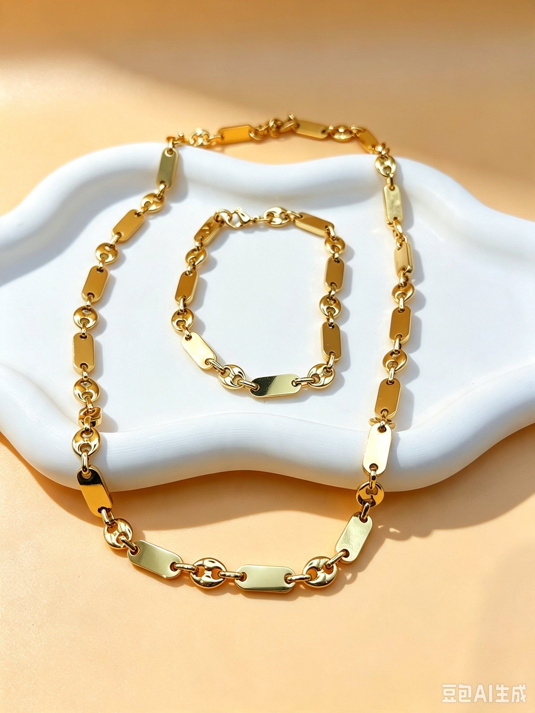 Grossista Ceramik - Set collana + bracciale con maglie rettangolari lisce in acciaio inox dorato + charm a chicco di caffè da 7mm