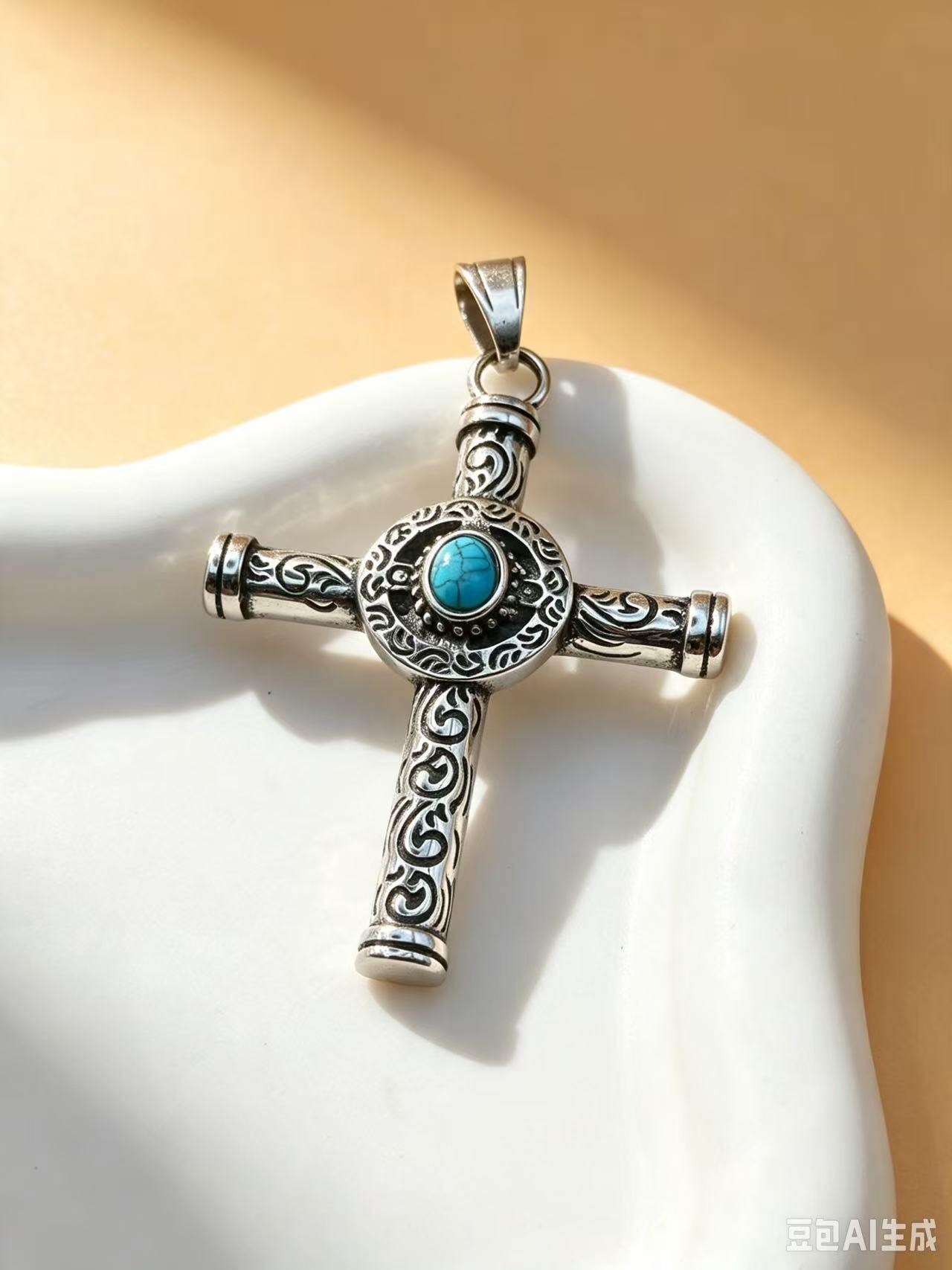 Wholesaler Ceramik - Vintage-style silver cross pendant with turquoise stone