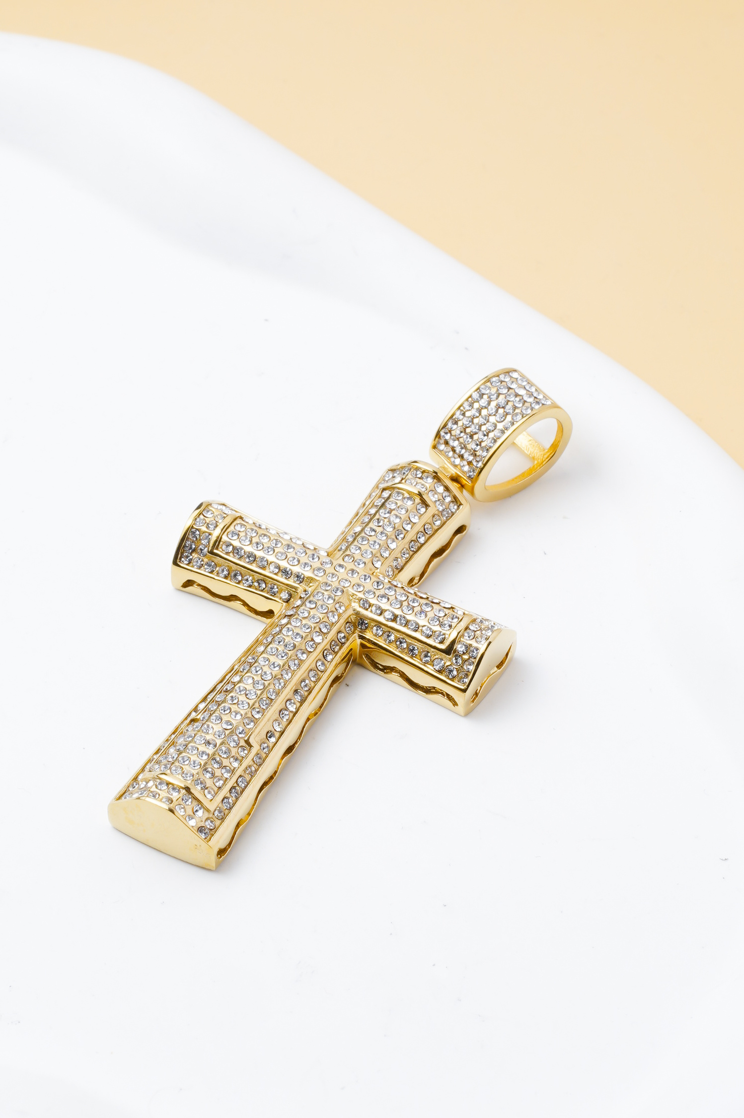 Großhändler Ceramik - Edelstahl-Kreuzanhänger Ohne Kette – Funkelnde Pave-Strasssteine – Goldfarbe - 6CM