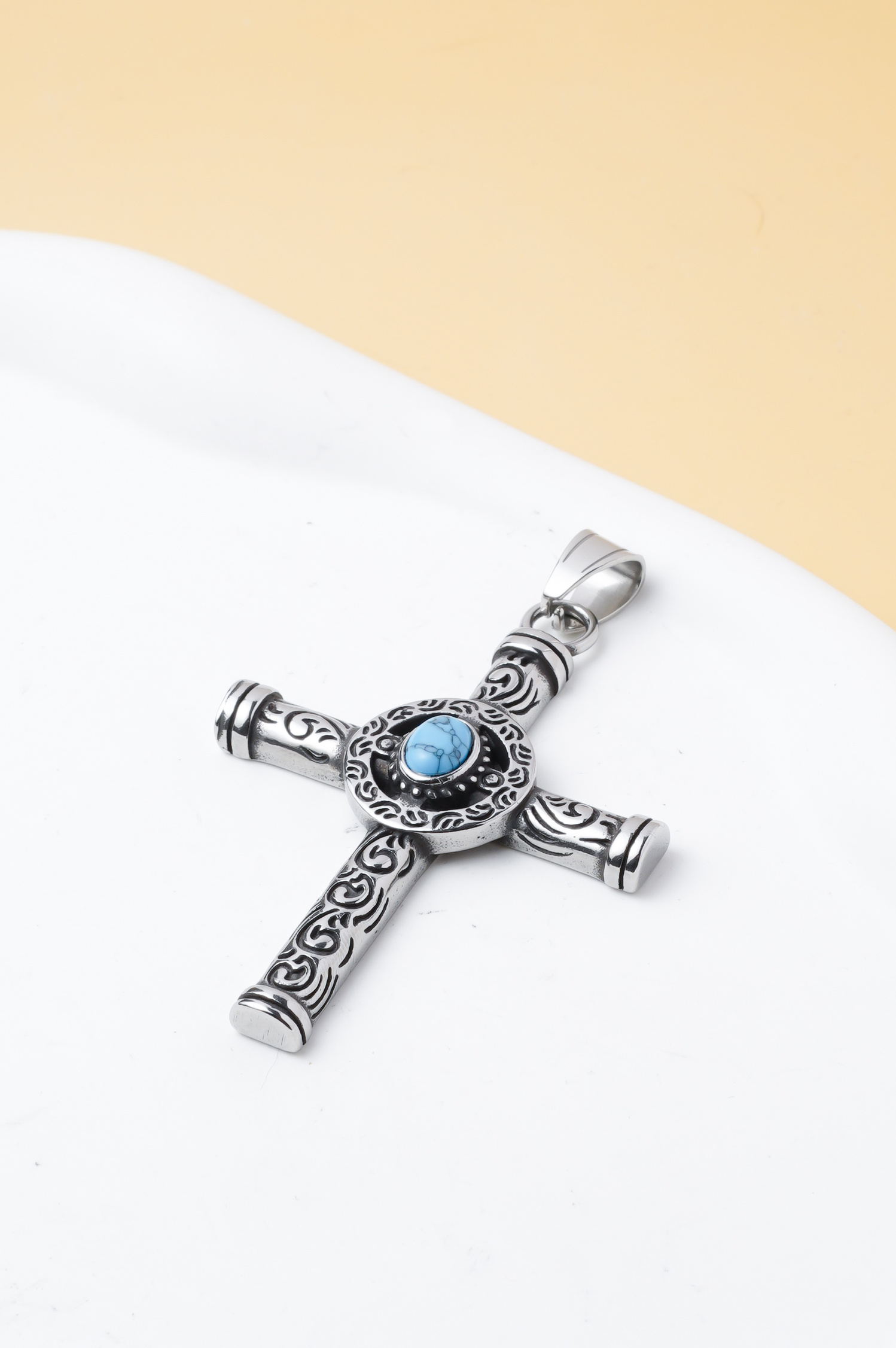 Grossista Ceramik - Pendente Croce in Acciaio Inossidabile Senza Catena – Pietra Turchese Stile Vintage – Colore Argento