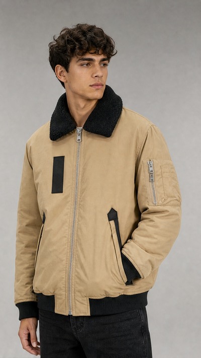 Grossiste FIVE EVER - Bomber col teddy contrasté Grossiste FIVE EVER - Bomber col teddy contrasté
