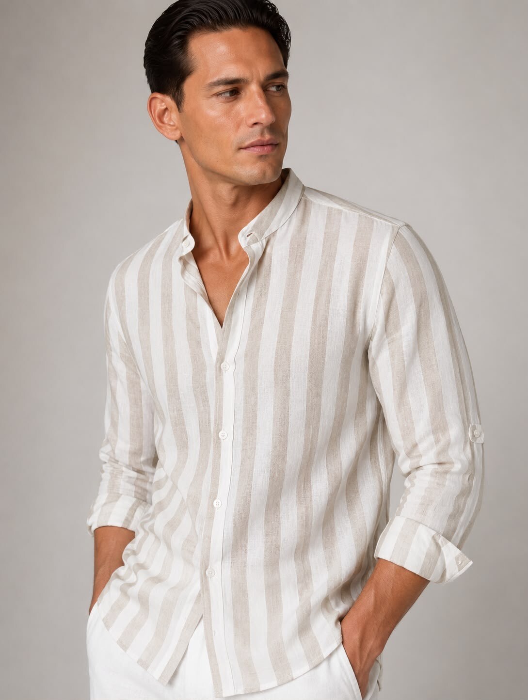 Wholesaler FIVE EVER - Striped Mandarin Collar Shirt – Beige