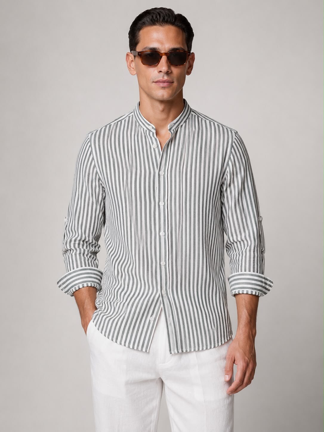Wholesaler FIVE EVER - Pinstripe Shirt – Linen/Cotton Green