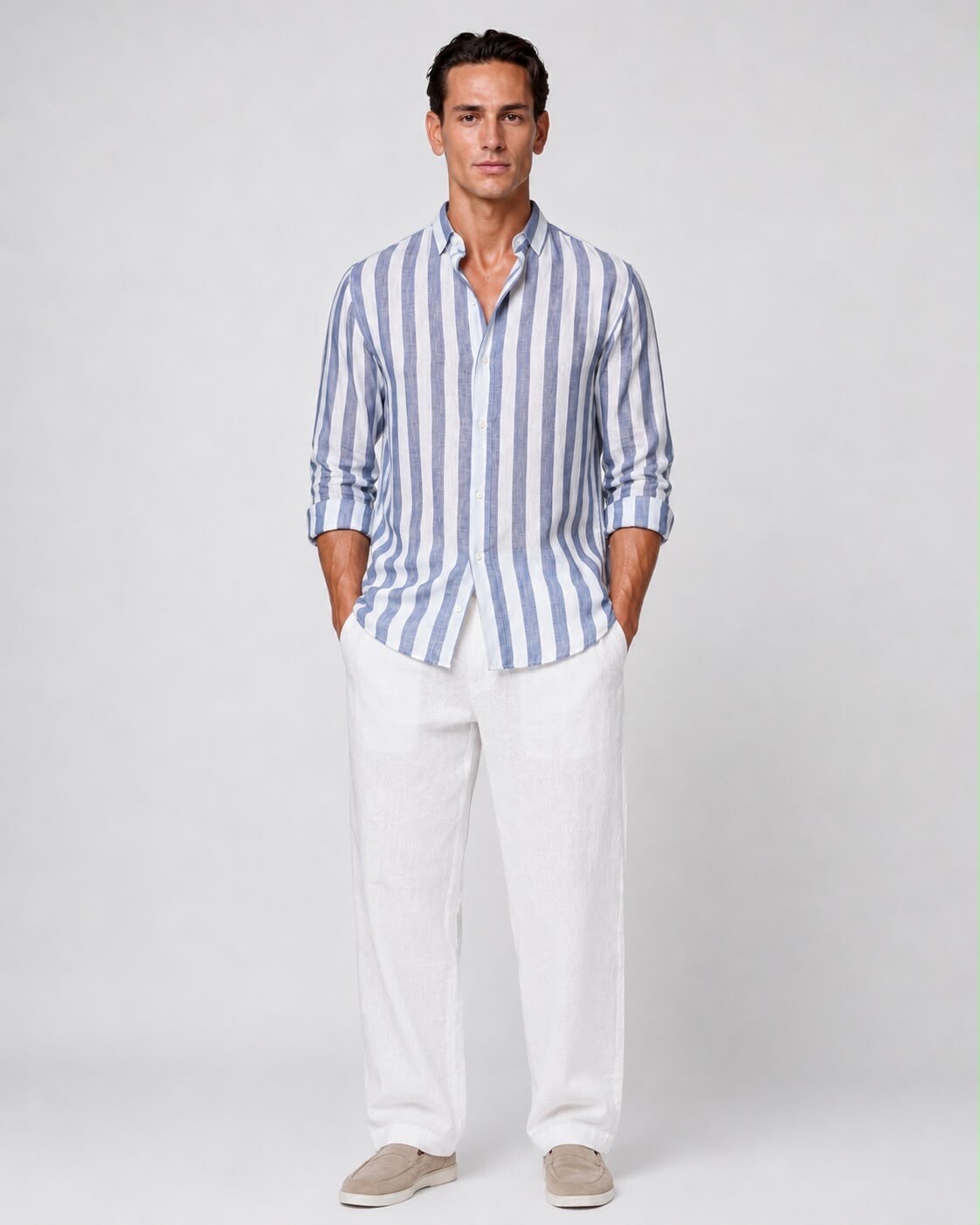 Wholesaler FIVE EVER - Striped linen/cotton shirt – Mandarin collar