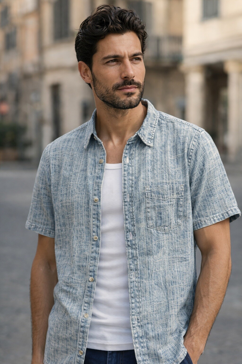 Großhändler FIVE EVER - Jeansbluse 100% Baumwolle mit Musterstoff