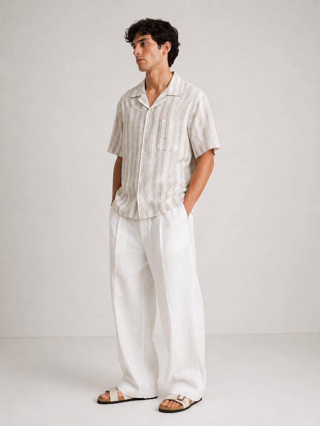 Wholesaler FIVE EVER - Striped linen and cotton short-sleeve shirt
